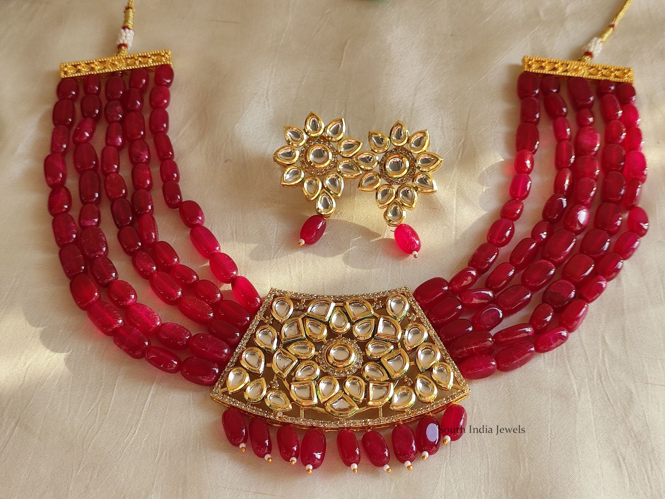 Cute Pink Beads Kundan Necklace - South India Jewels
