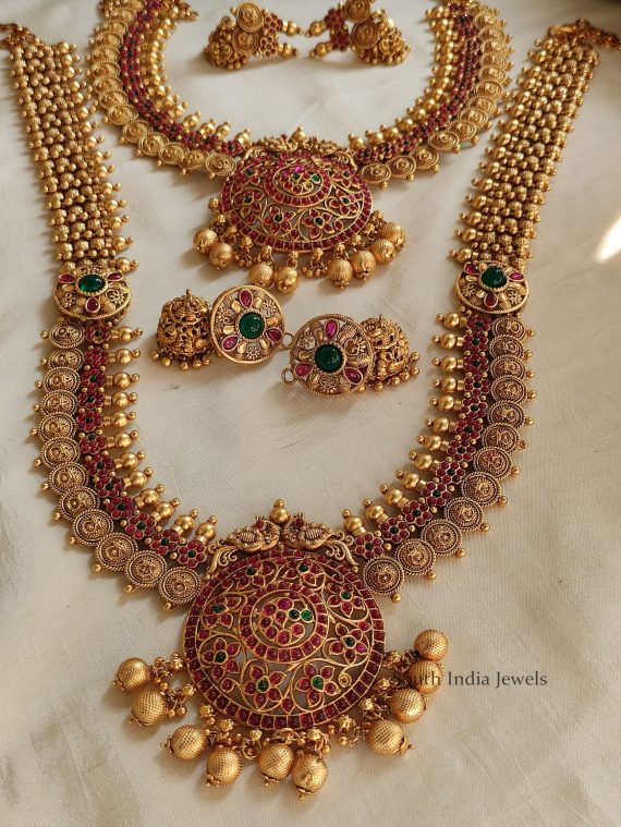 Elegant Peacock & Coin Design Bridal Set - South India Jewels