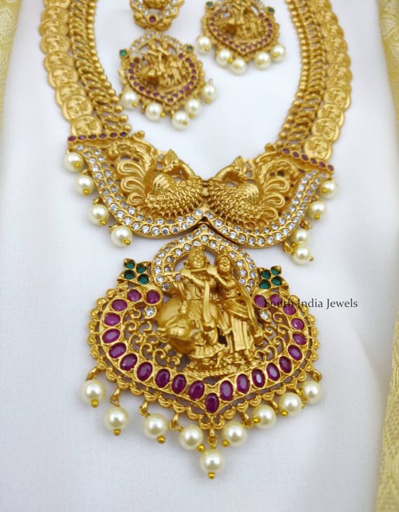 Radha Krishna Peacock Coin Necklace - South India Jewels
