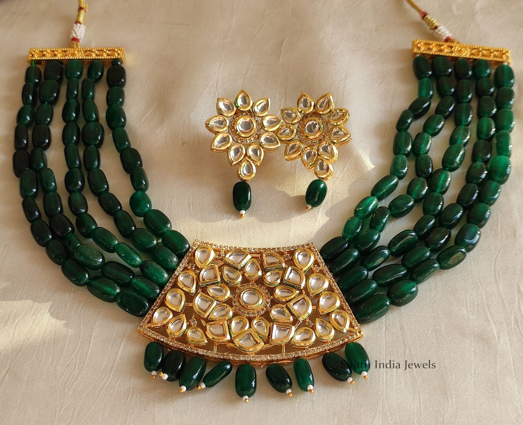 Lovely Green Beads Kundan Necklace - South India Jewels