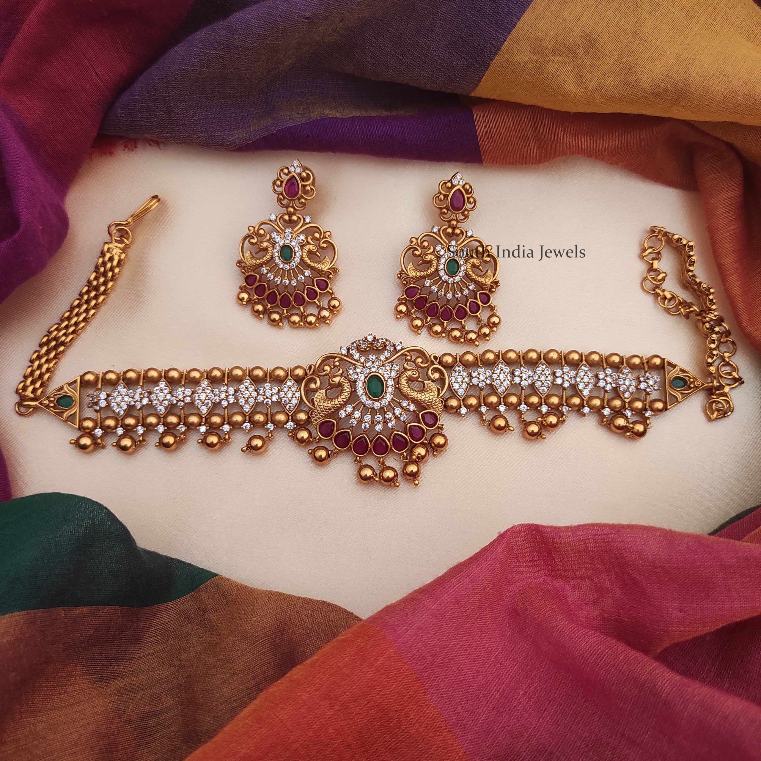 CZ Stone Choker with Earrings - South India Jewels