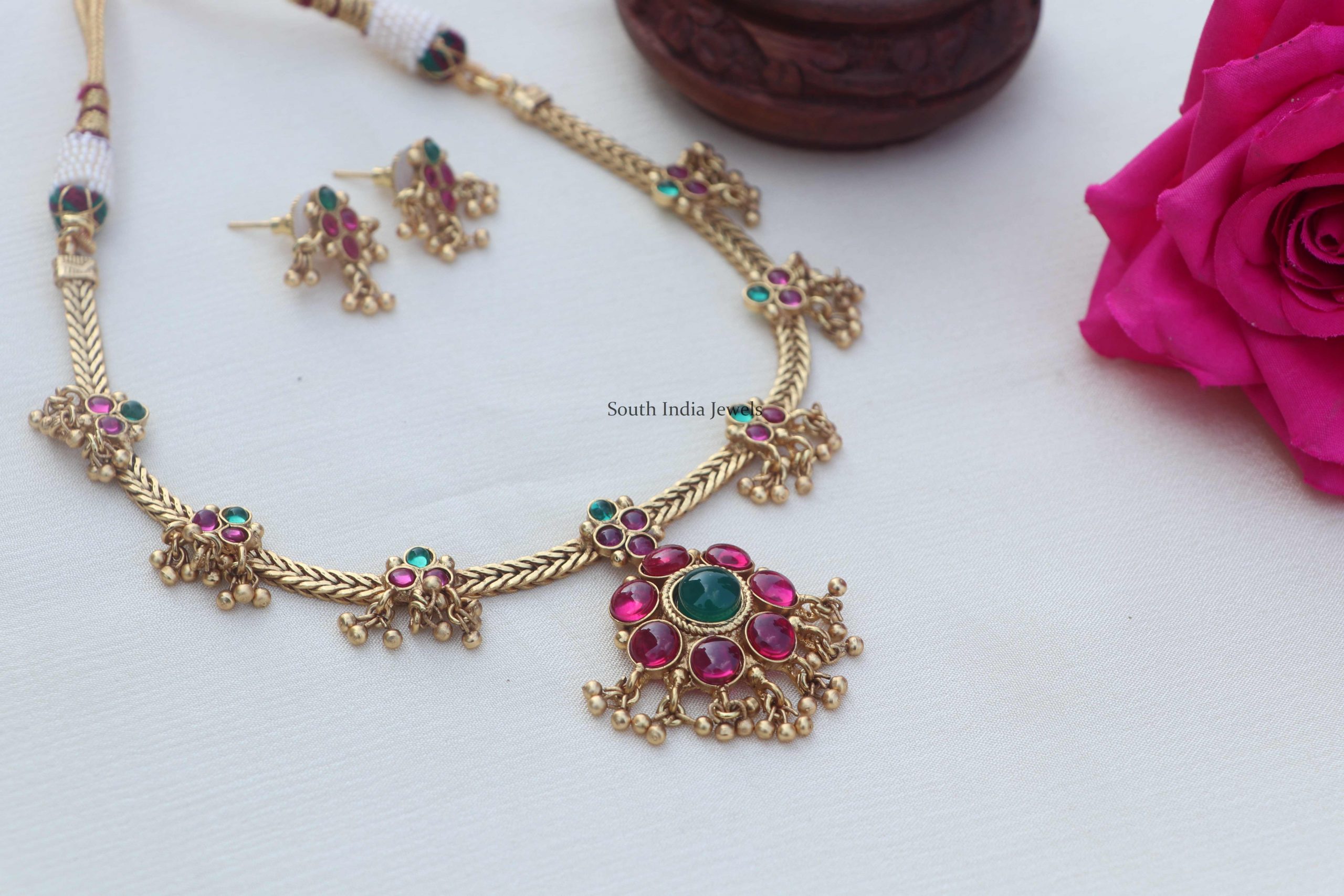 Pretty Ruby Gold Finish Necklace - South India Jewels