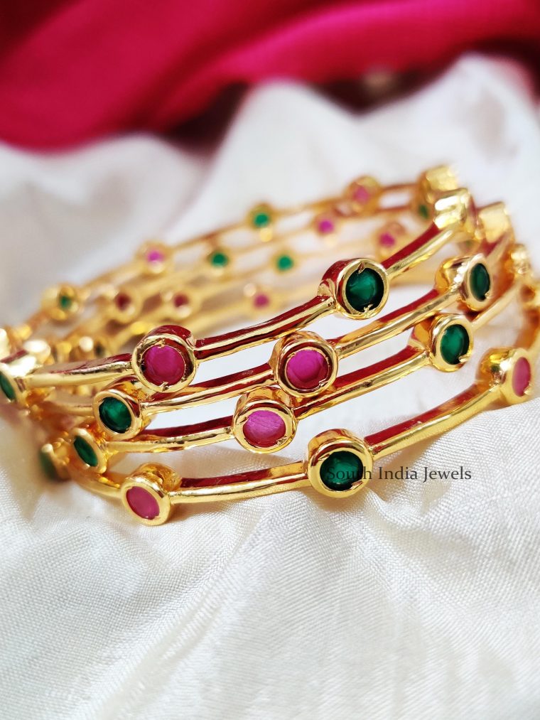 Simple Pink & Green Stone Bangles (3)