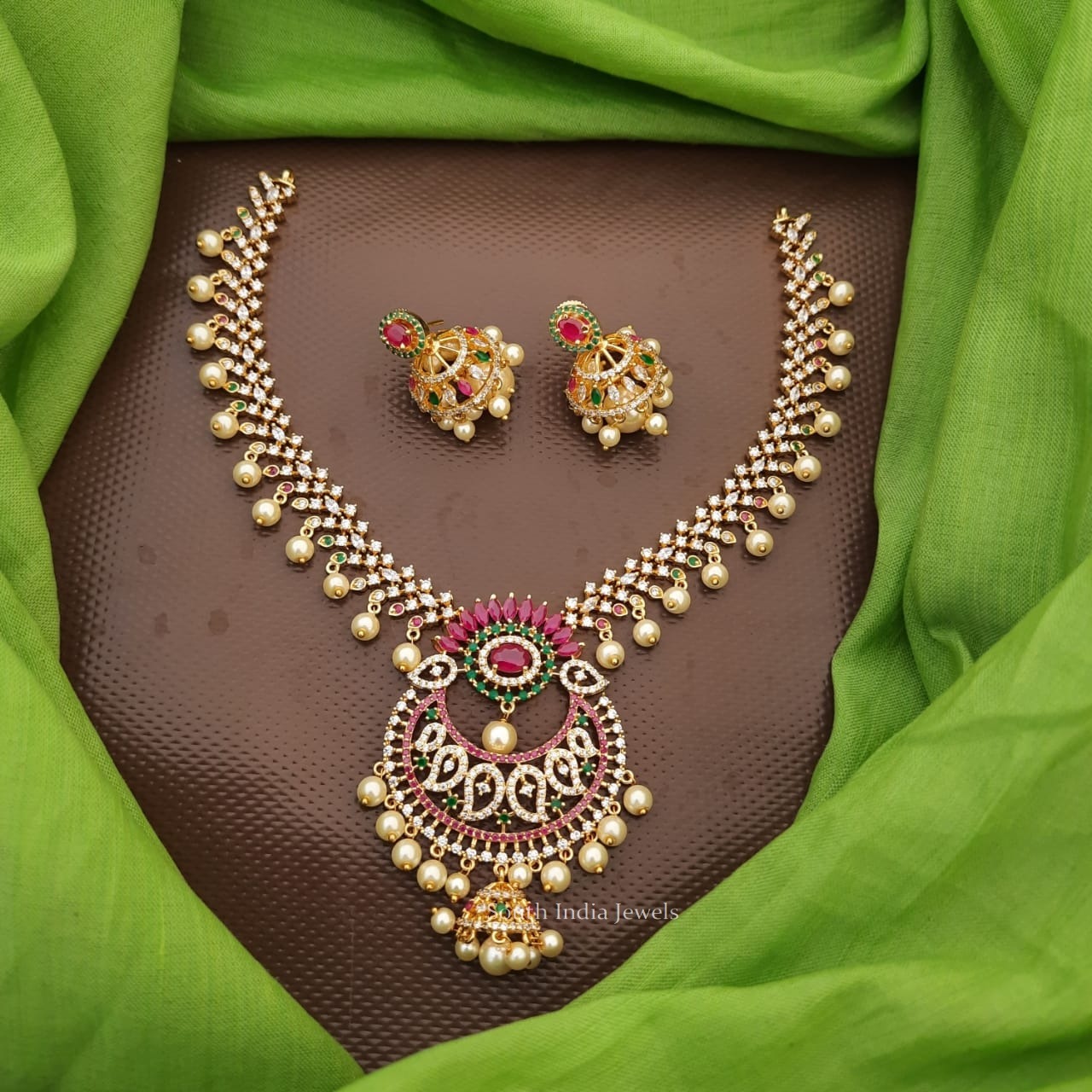 CZ necklace online with mango design and pearls - Swarnakshi Jewelry