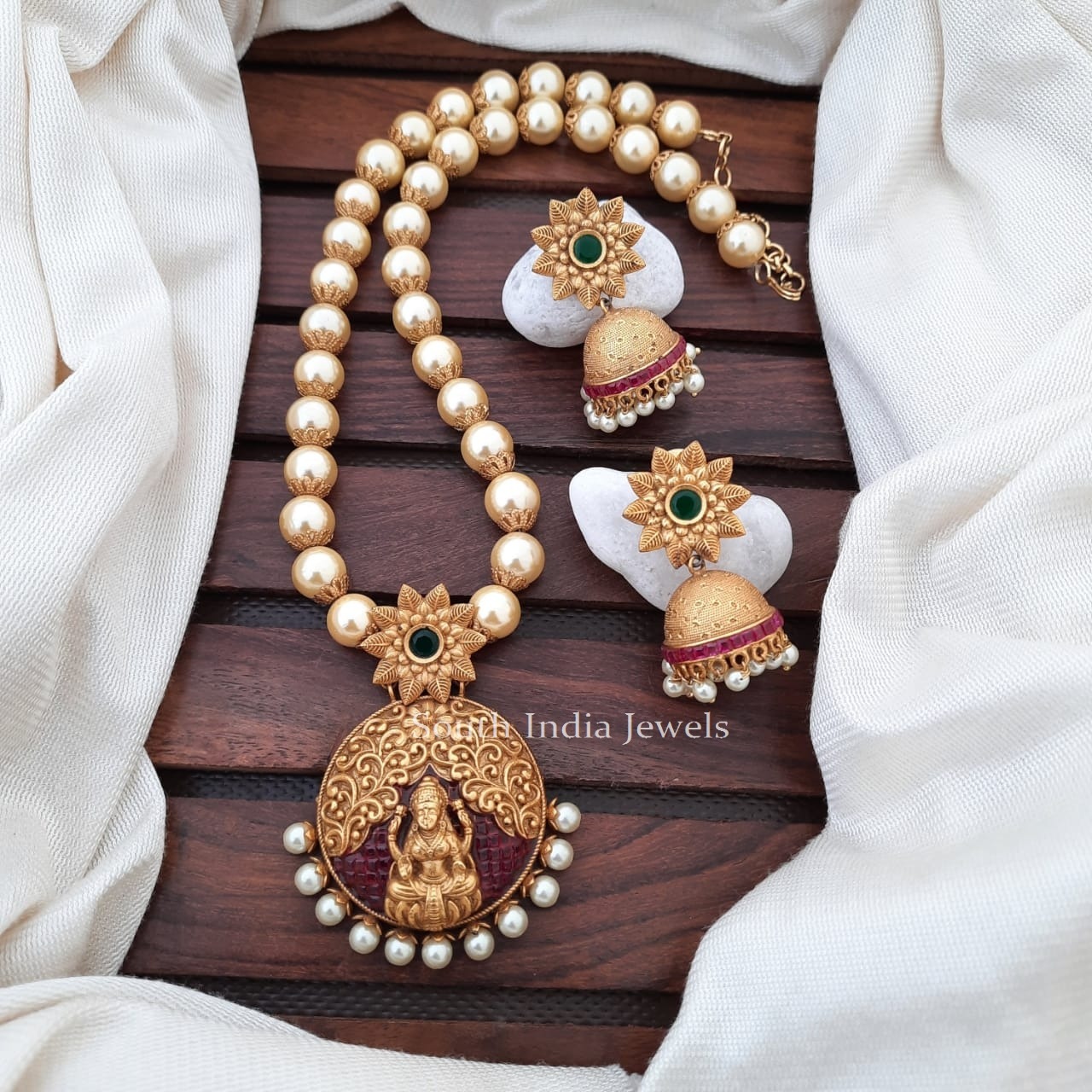 Traditional Pearl Necklace With Lakshmi Pendant
