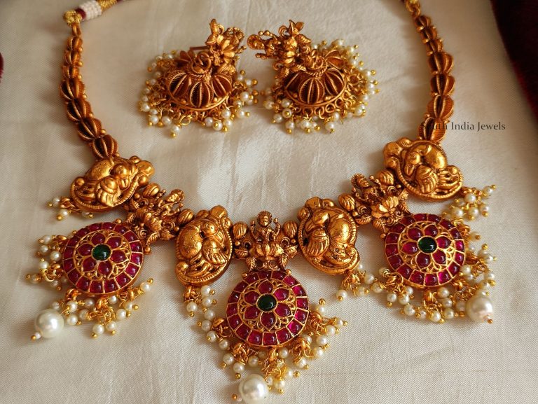 Unique Kemp Stone Lakshmi Necklace - South India Jewels