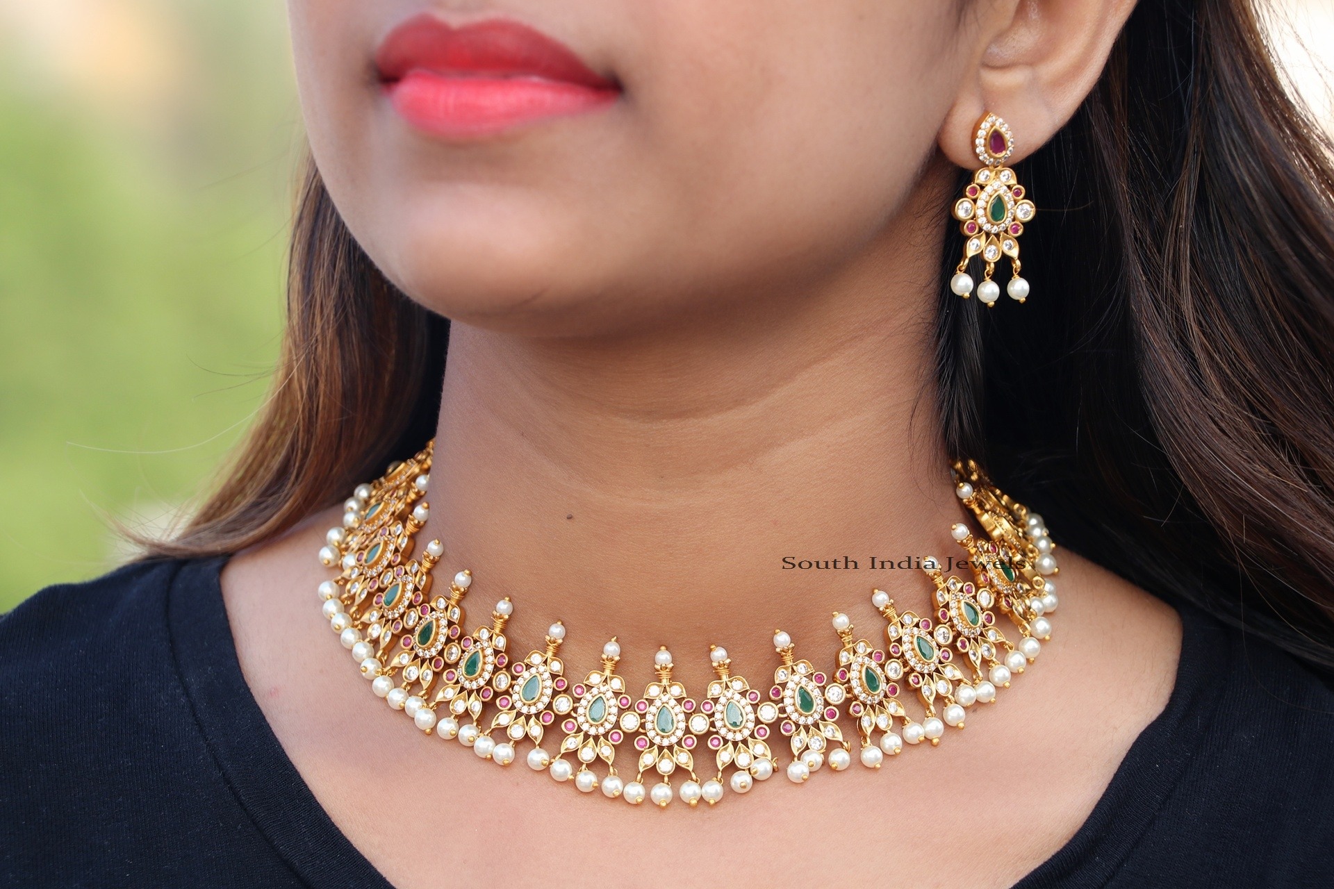 Multi Stone Pearl Drop Necklace | Stone Necklace - South India Jewels