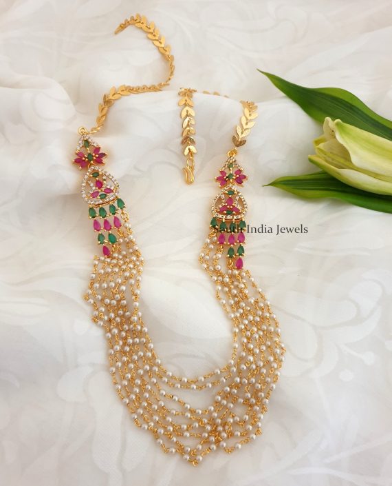 Beautiful CZ Multi Layer Pearls Chain Necklace
