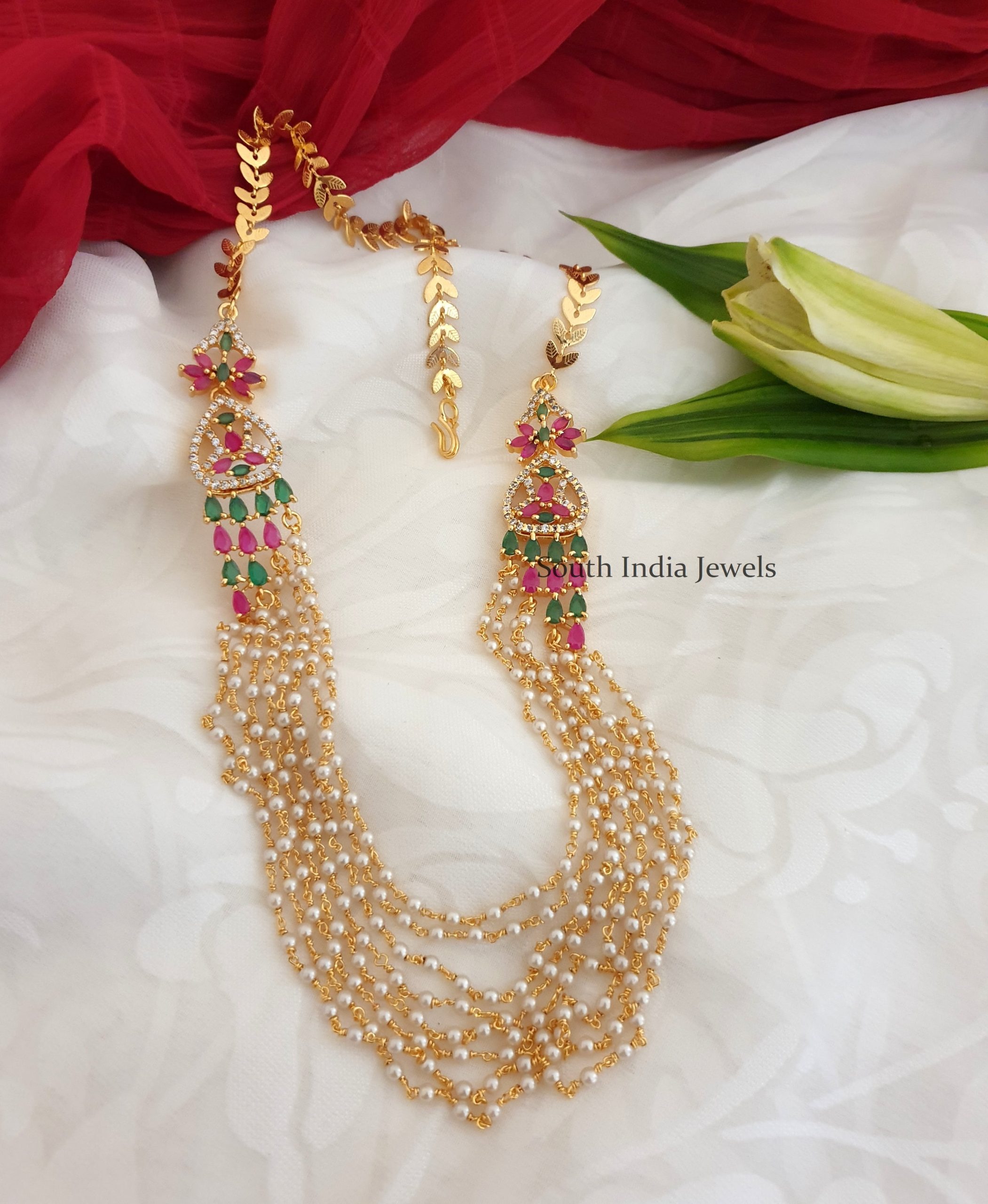 Beautiful CZ Multi Layer Pearls Chain Necklace