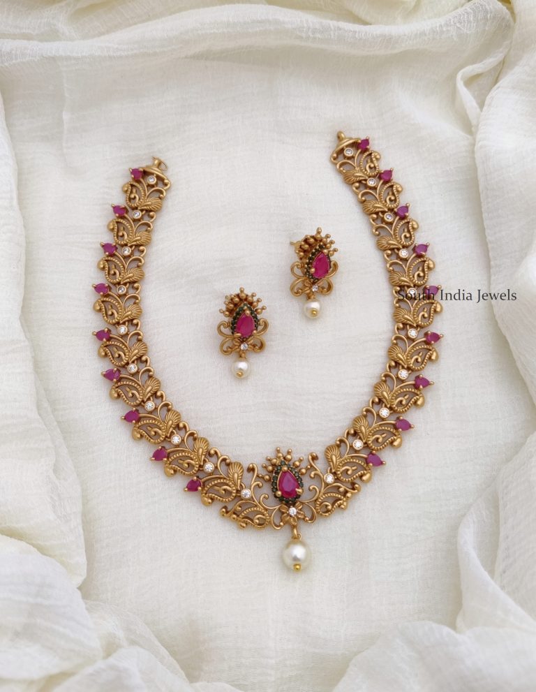 Flower Design Necklace | Simple Design Necklace - South India Jewels