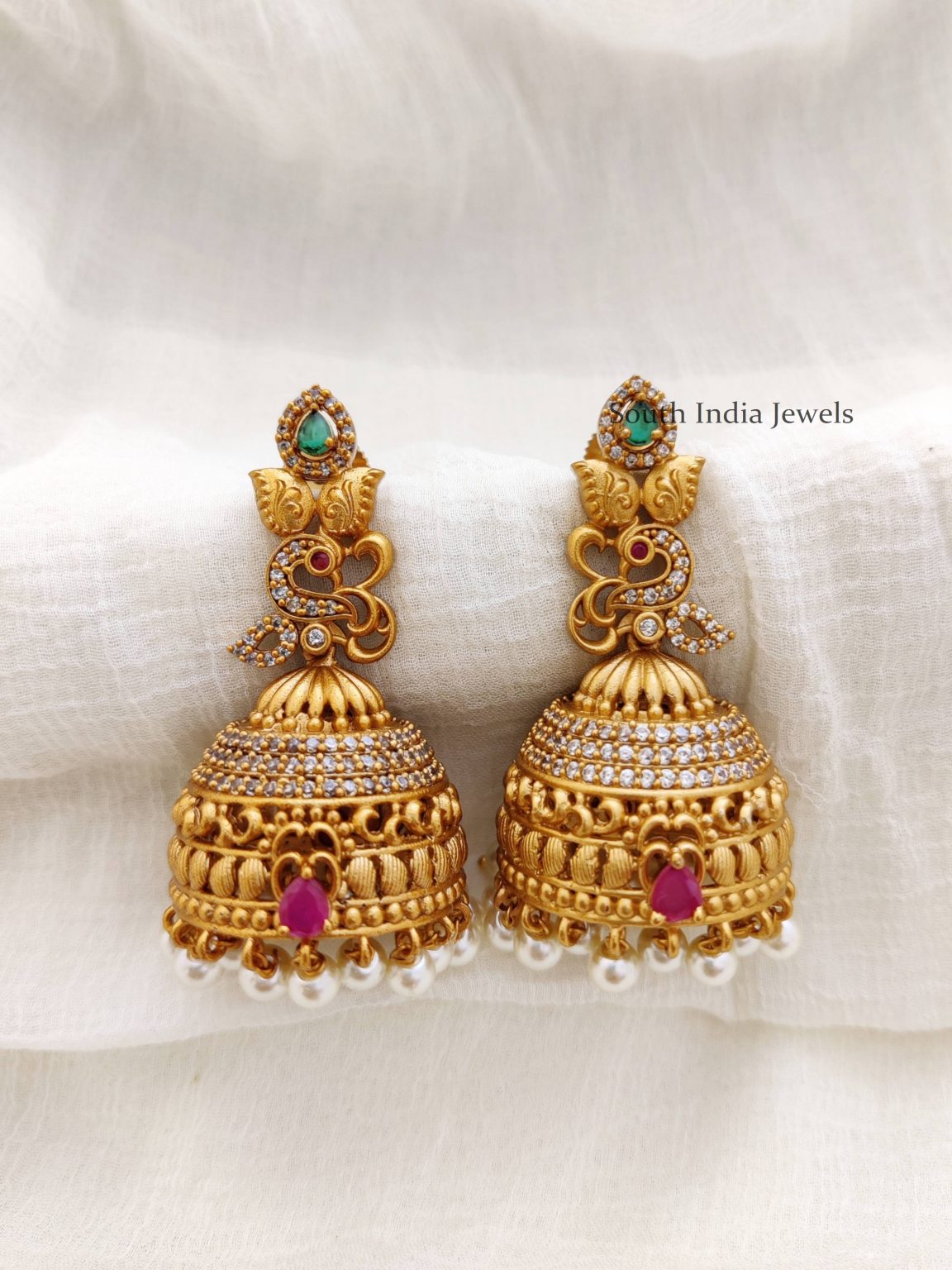 Pretty Peacock Design Jhumkas - South India Jewels