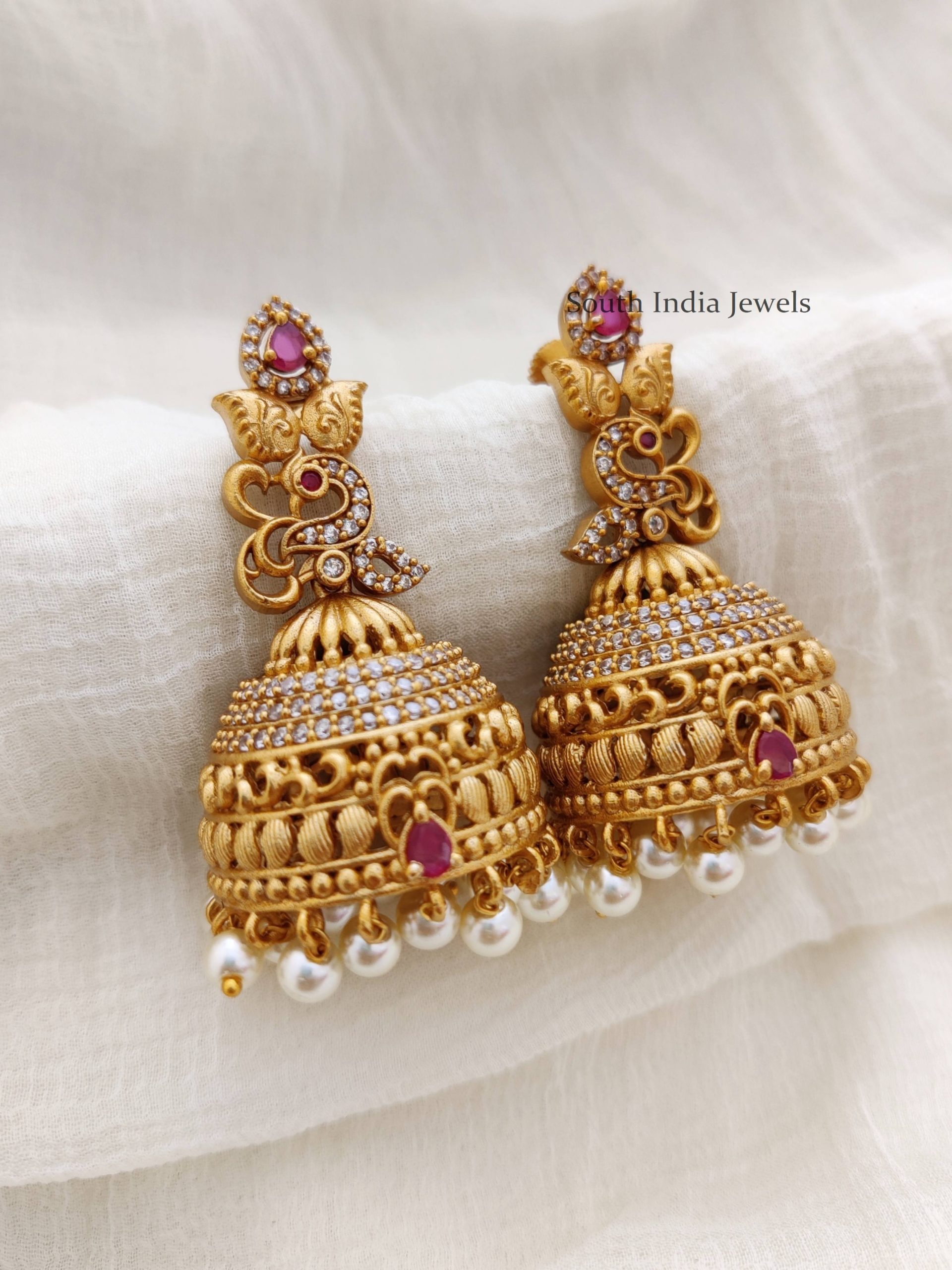 Pretty Peacock Design Jhumkas - South India Jewels