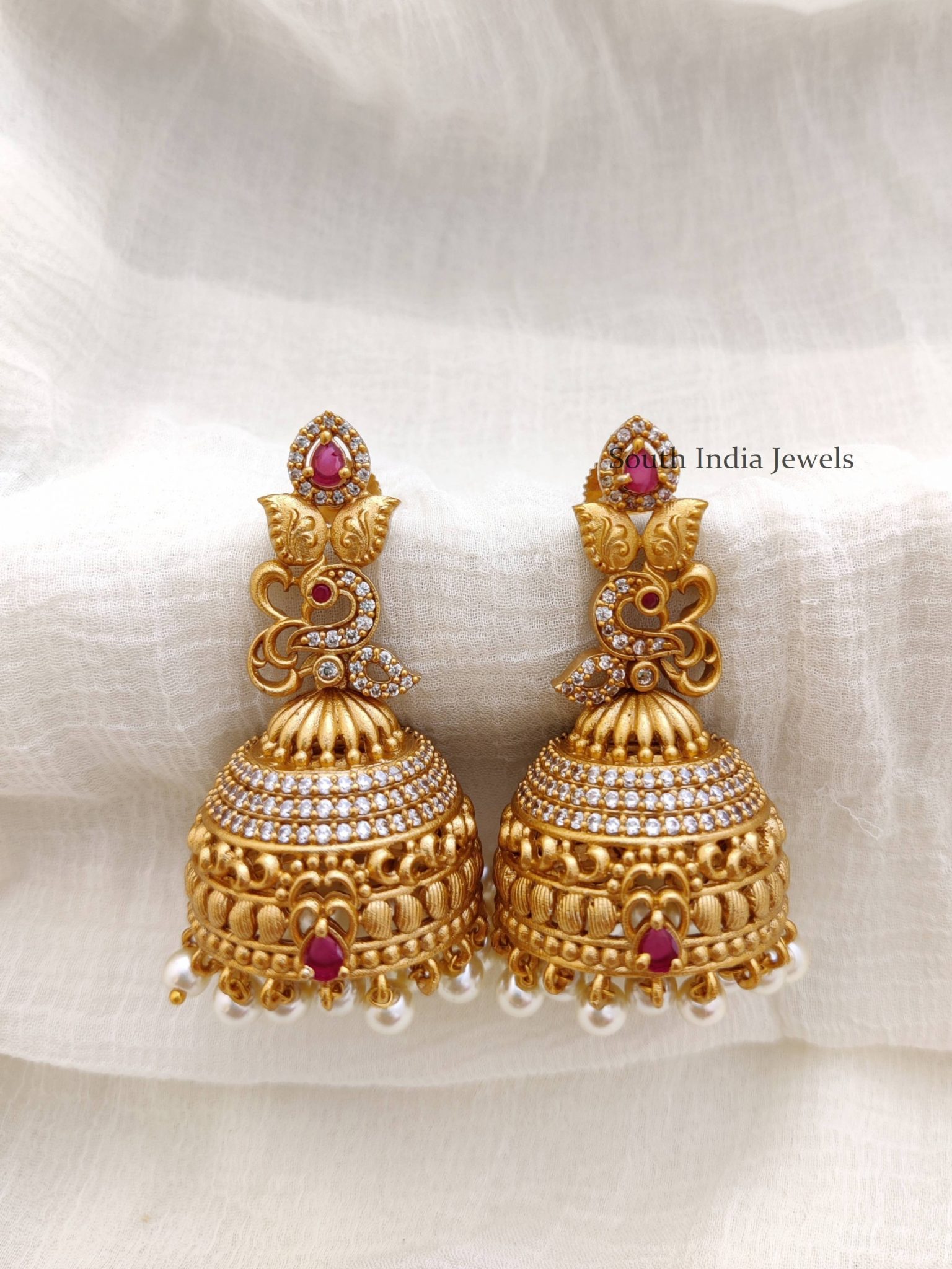 Pretty Peacock Design Jhumkas - South India Jewels