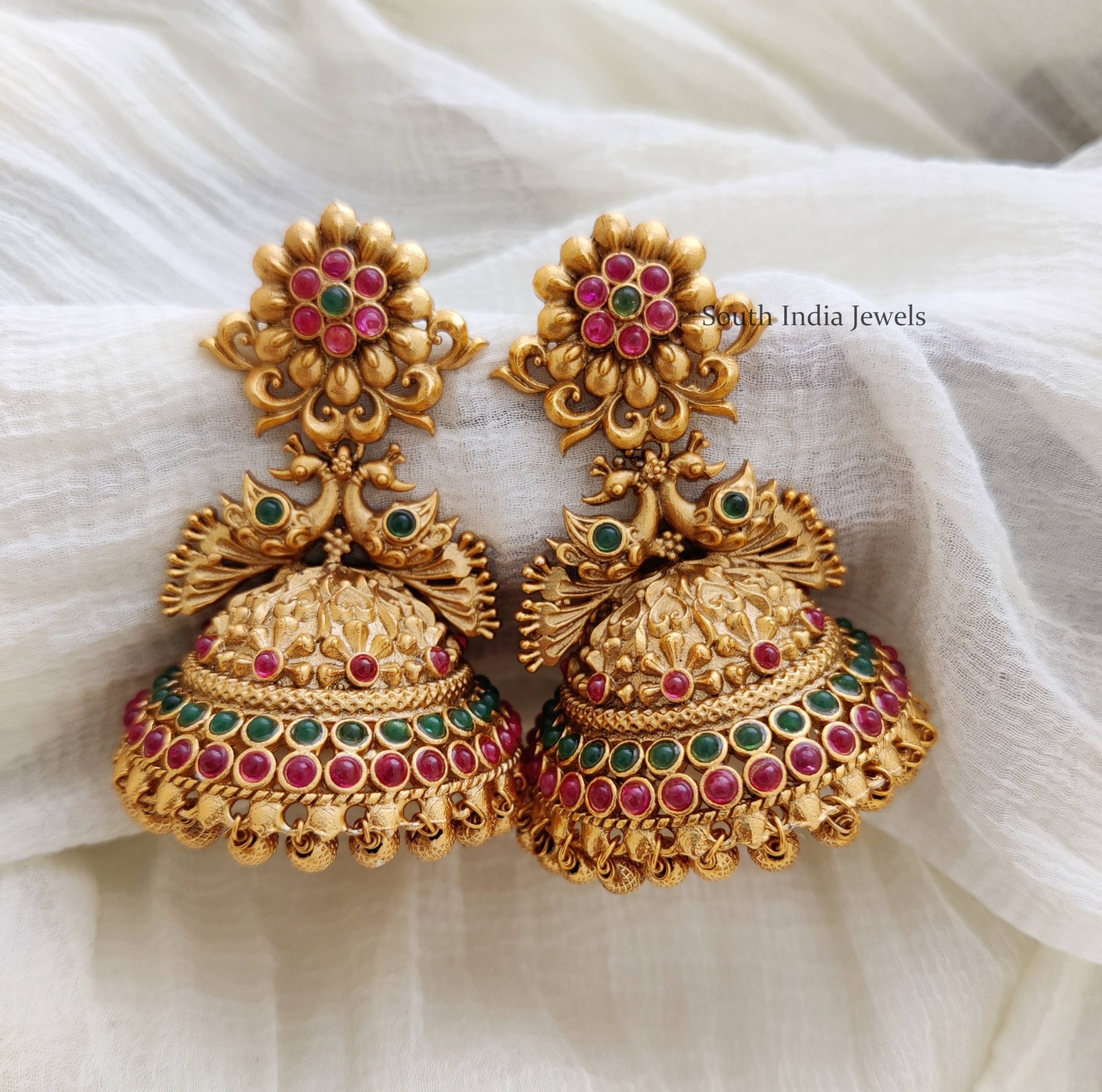 Traditional Peacock Design Jhumkas - South India Jewels