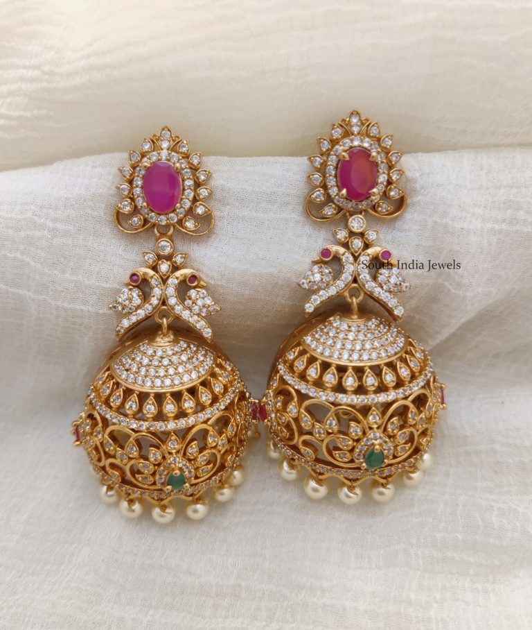 AD Stone Peacock Jhumkas | Gold Jhumkas - South India Jewels