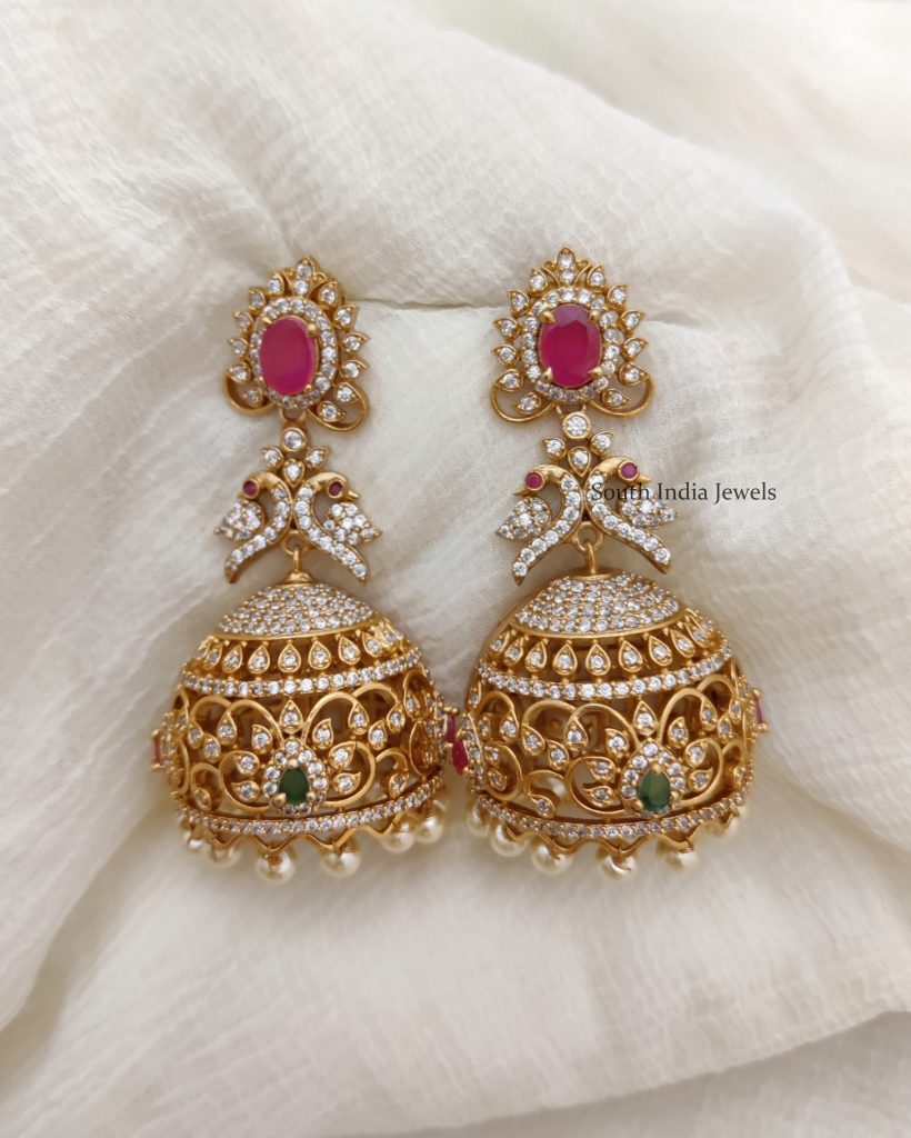 AD Stone Peacock Jhumkas | Gold Jhumkas - South India Jewels