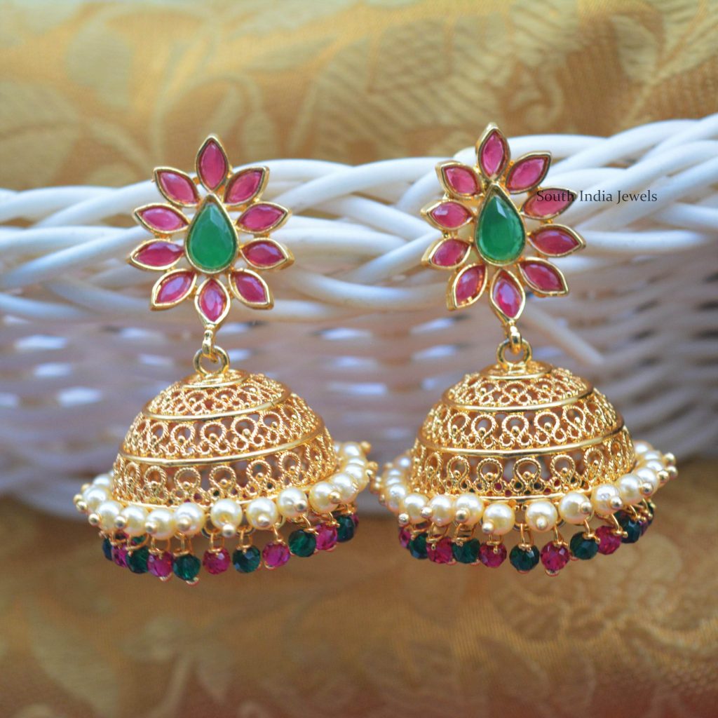 Flower Design Jhumkas | Gold covering jewellery - SIJ