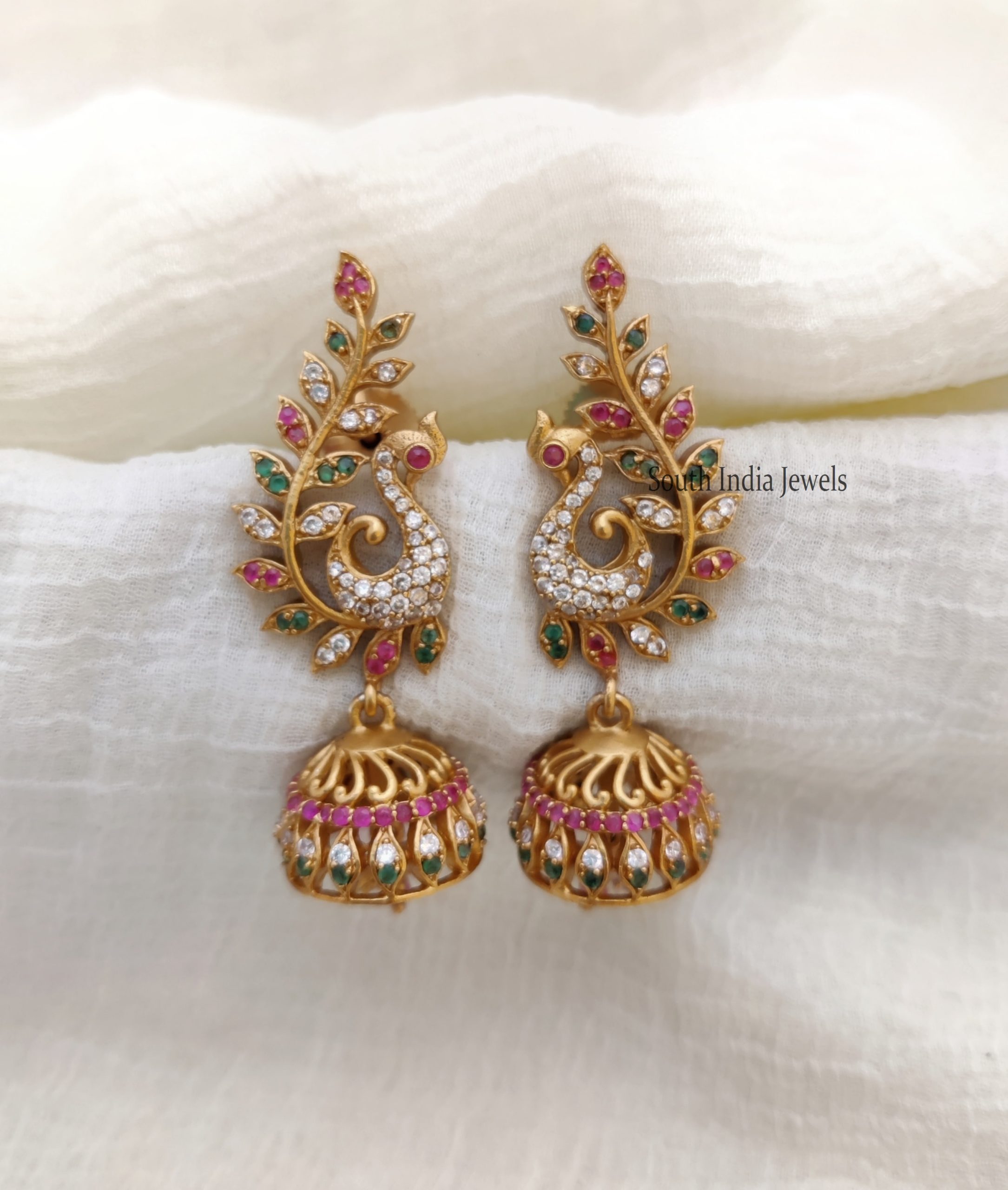 Peacock Design Jhumkas | Gold Jhumkas - South India Jewels