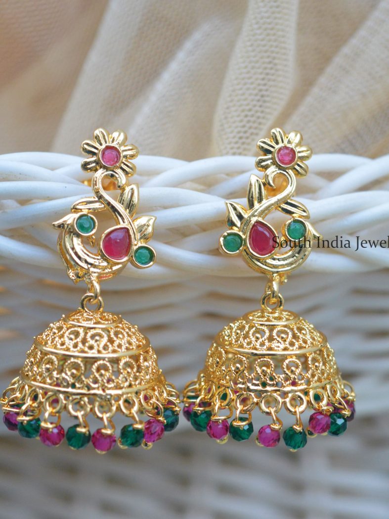 Peacock Design Gold Polish Jhumkas