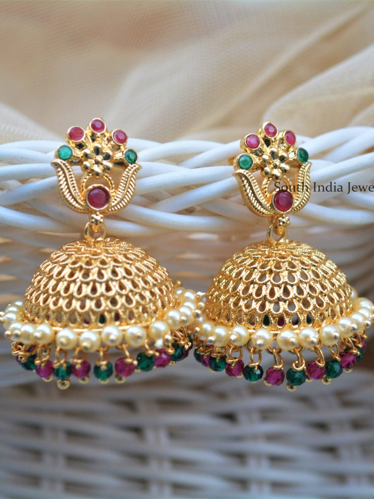 Gold Polish Jhumkas with Pearls and Beads