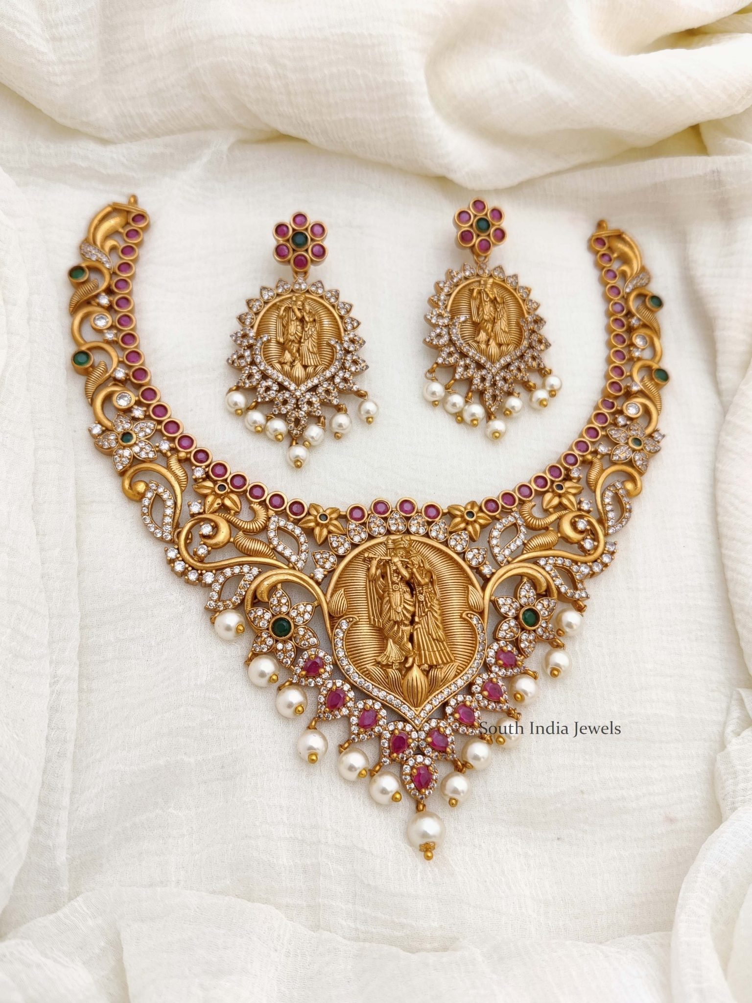 Radha Krishna Necklace | Gold Finish Necklace - South India Jewels