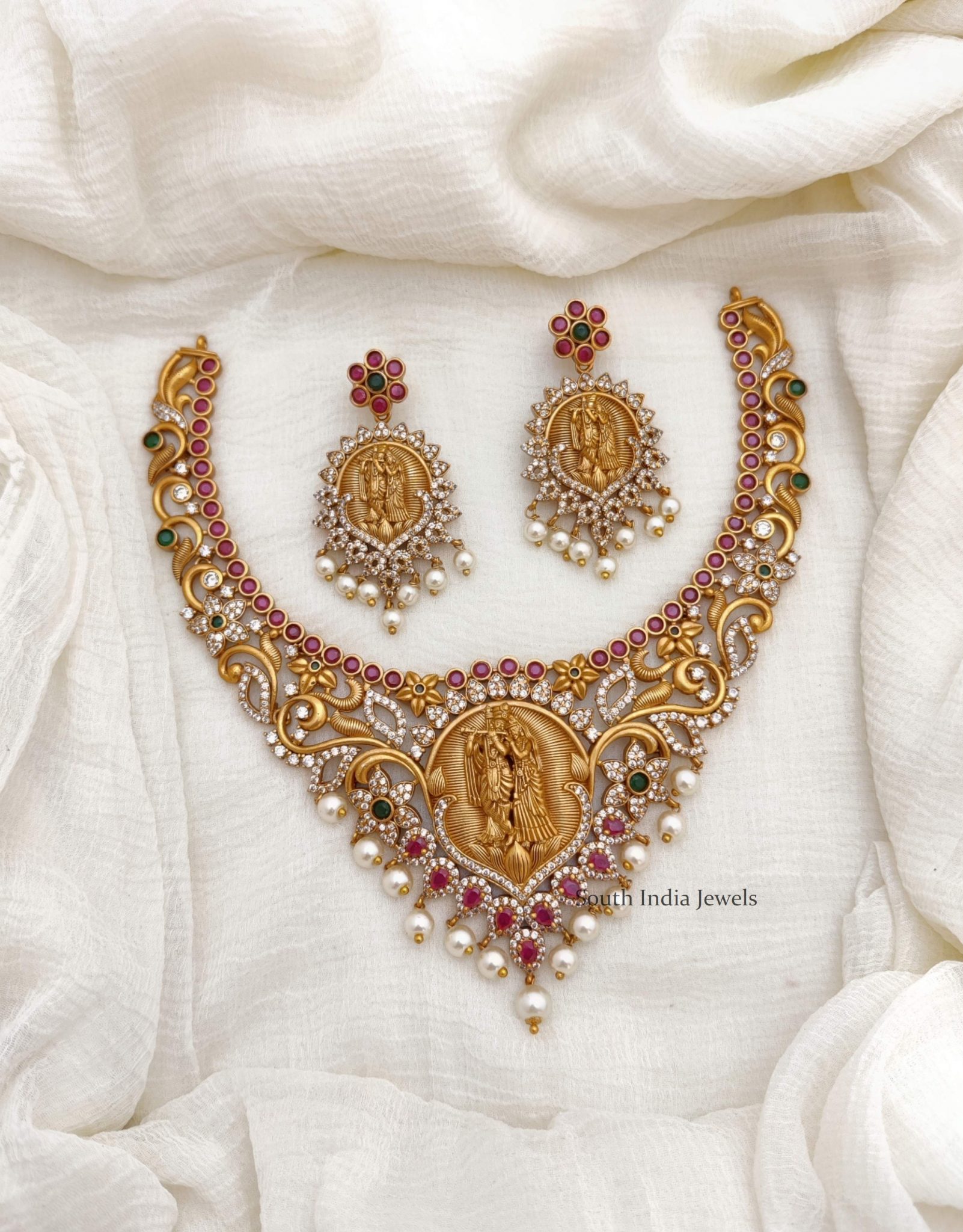 Radha Krishna Necklace | Gold Finish Necklace - South India Jewels