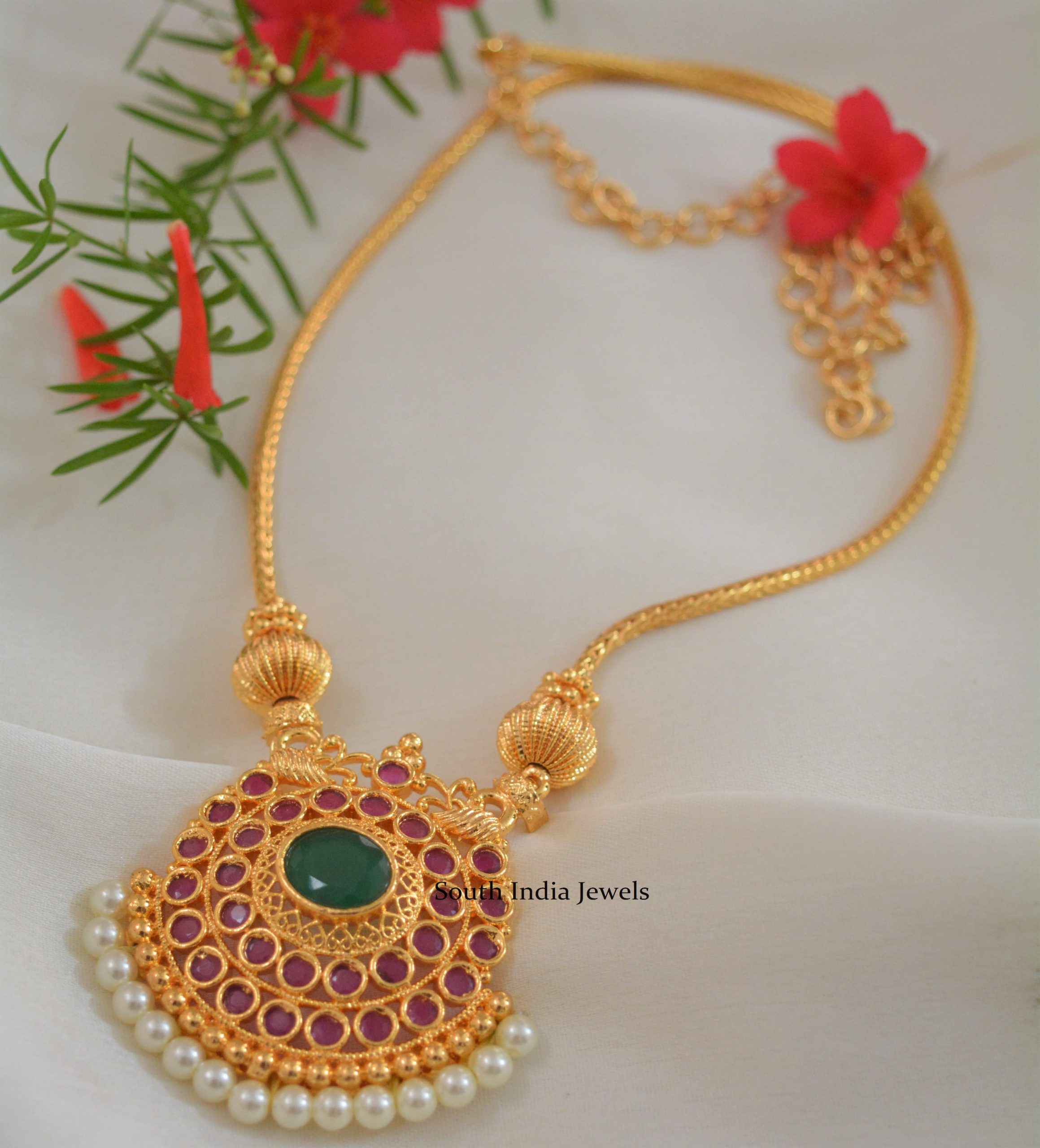 Elegant Gold Replica Ruby Emerald Chain with Pearls