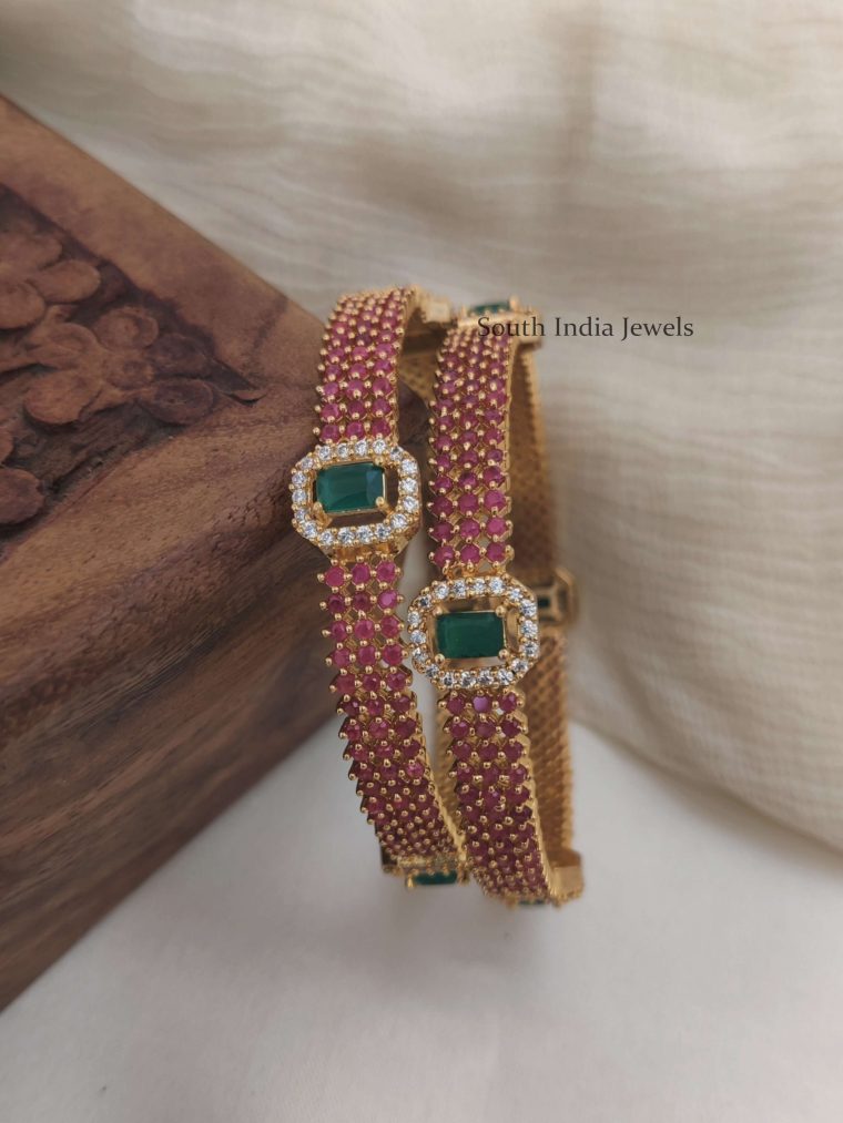 Elegant Ruby & Green Stone Bangle Set