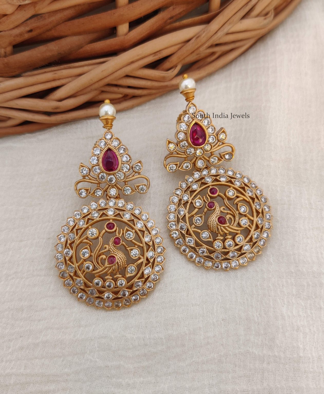 Peacock Design Earrings | AD Stone Earrings - South India Jewels