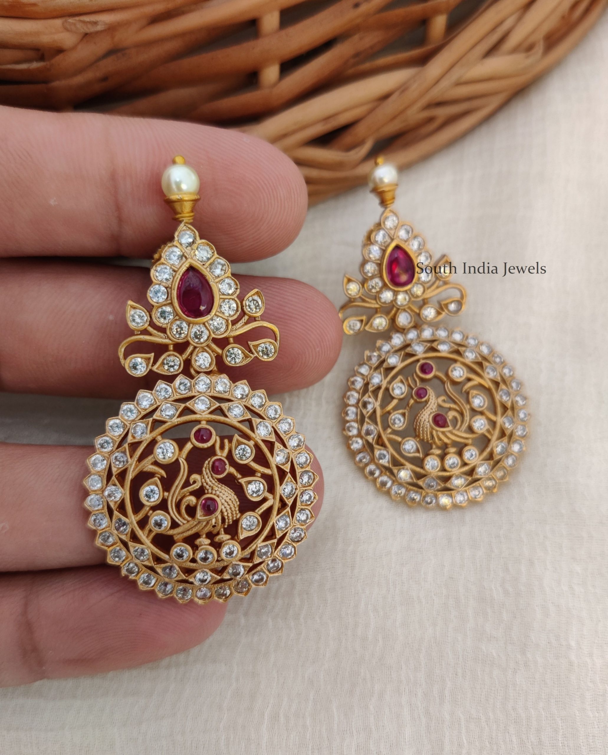 Peacock Design Earrings | AD Stone Earrings - South India Jewels