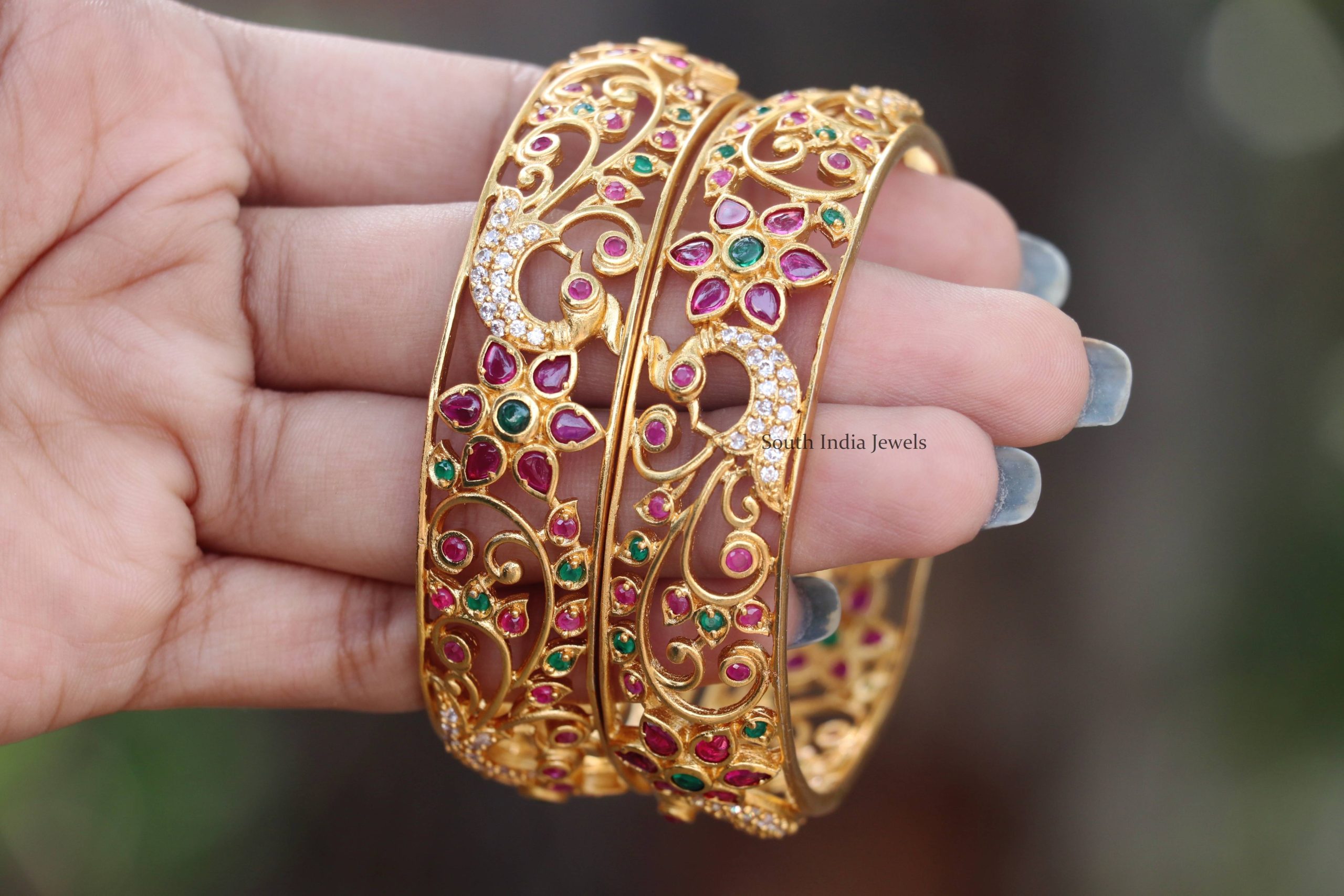 Flower Design Matte Gold Finish Bangles - South India Jewels