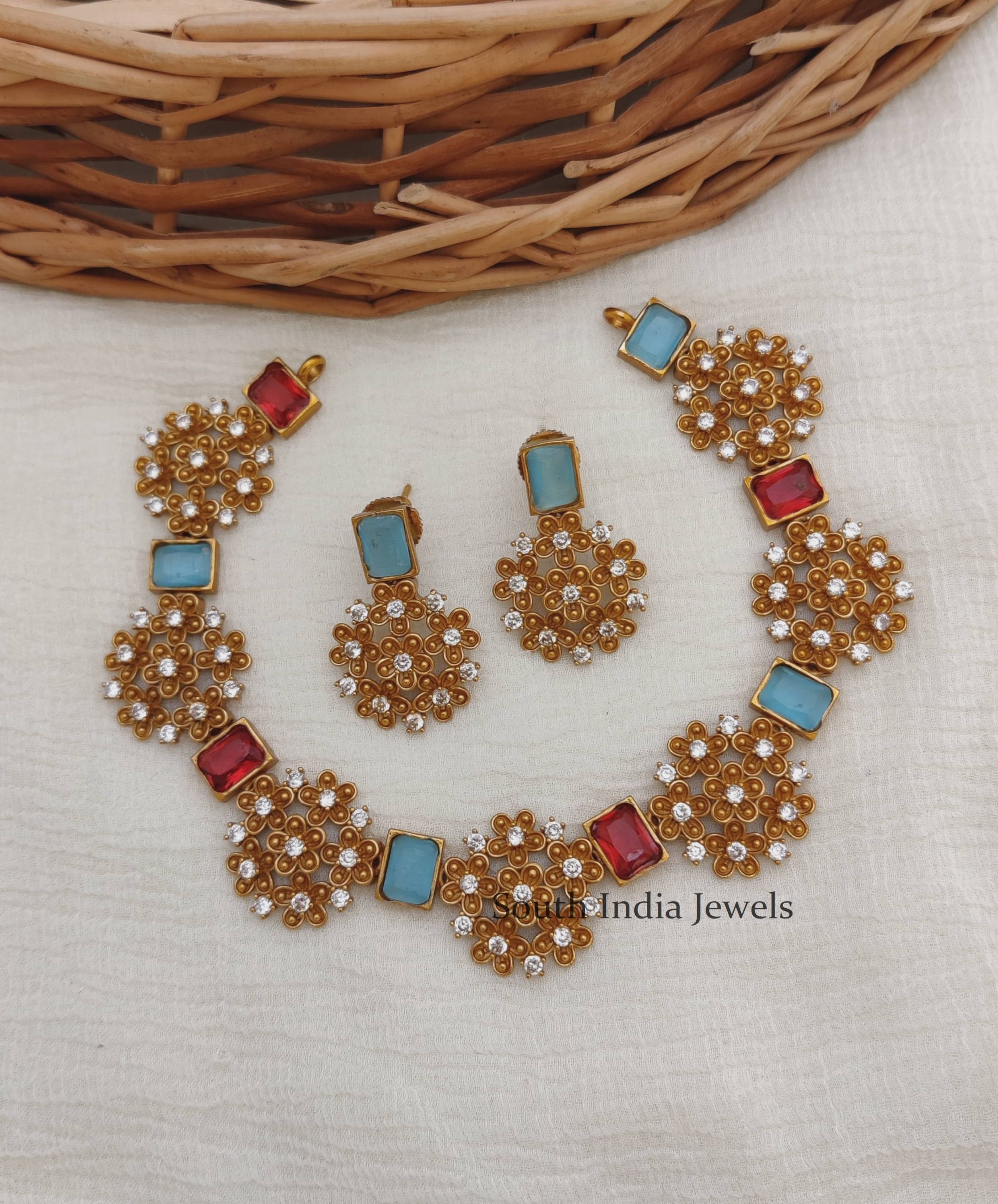 Ruby & Blue Stone Floral Necklace