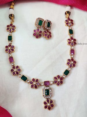 Single Layer Square Stone Floral Necklace