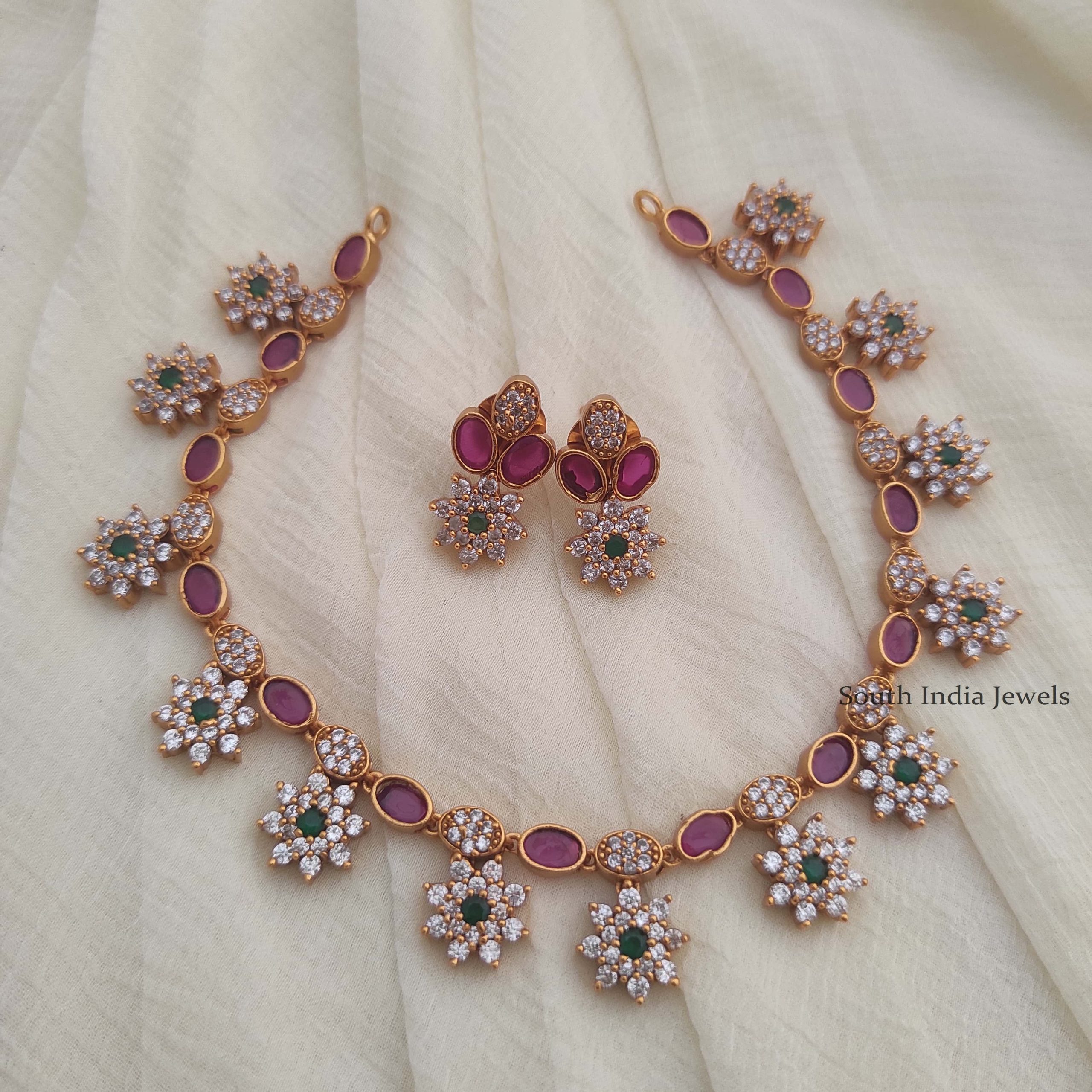 Flower Design CZ Stone Necklace | Necklace Set - South India Jewels