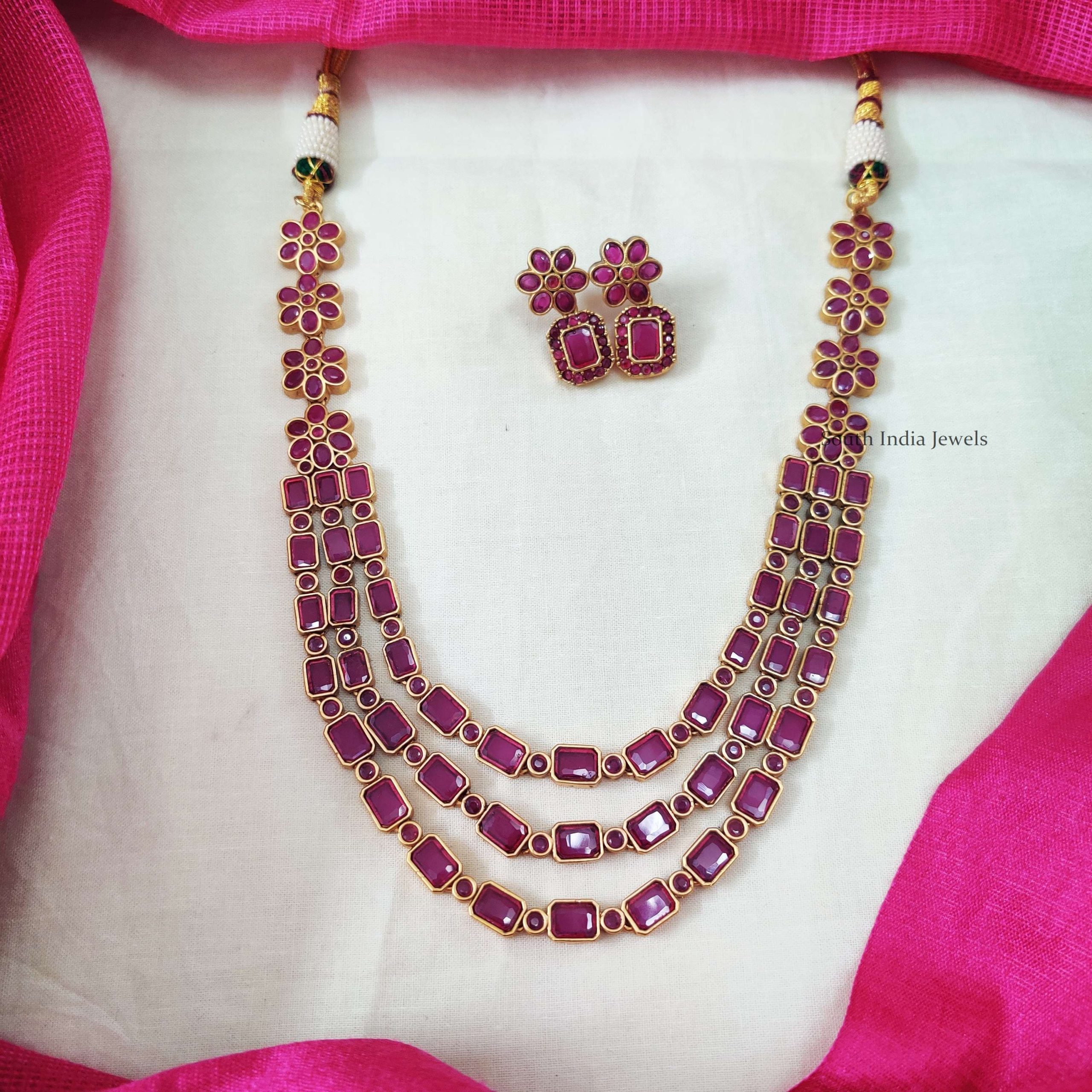 Three Layer Pink Square Stone Floral Necklace (2)