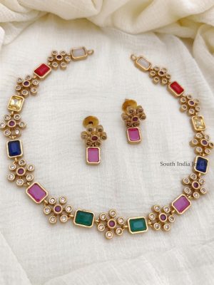 Trendy Flower Design AD Stone Necklace (2)