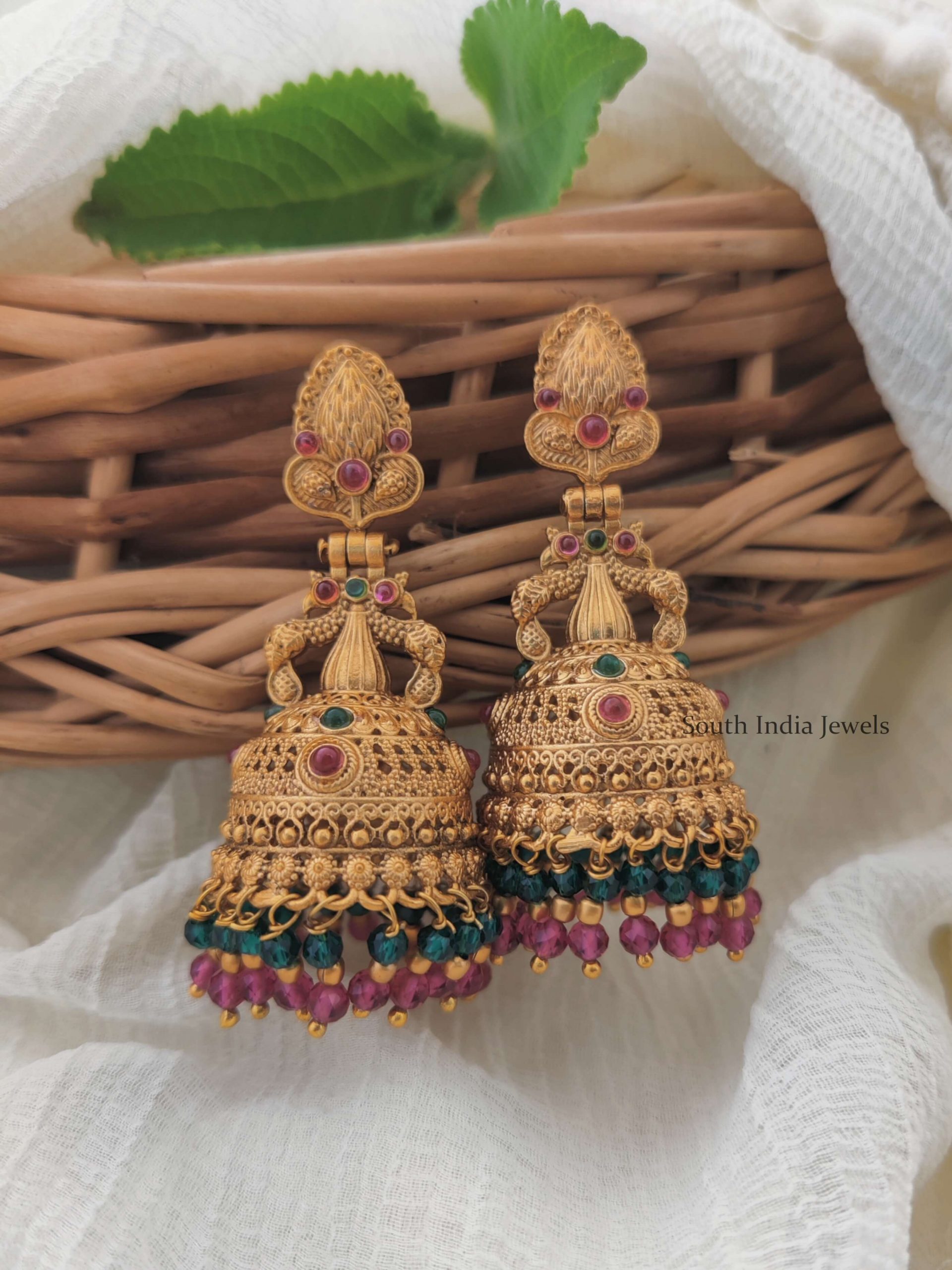 Peacock Gold Finish Jhumkas - South India Jewels