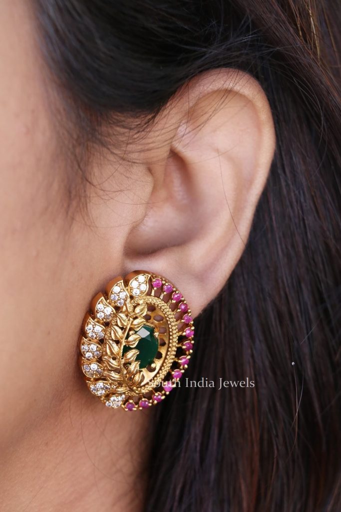 Imitation Jewellery-Leaf Design Earrings- Multi Color Stones