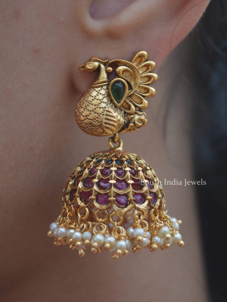 Peacock Kemp Stone Jhumkas (2)