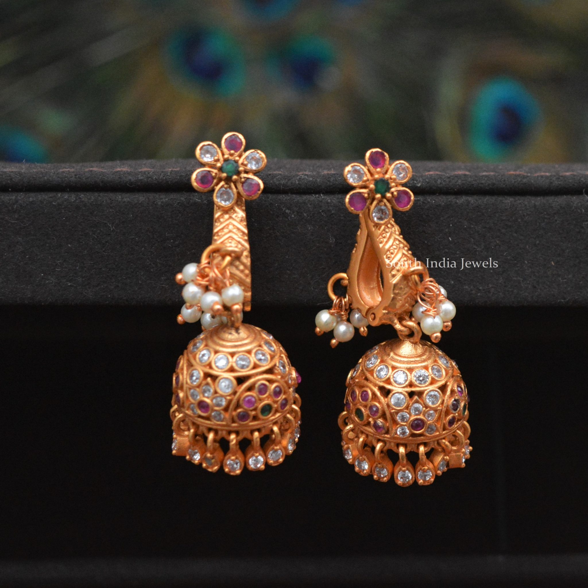 Matte Finish Floral Stud Jhumkas - South India Jewels