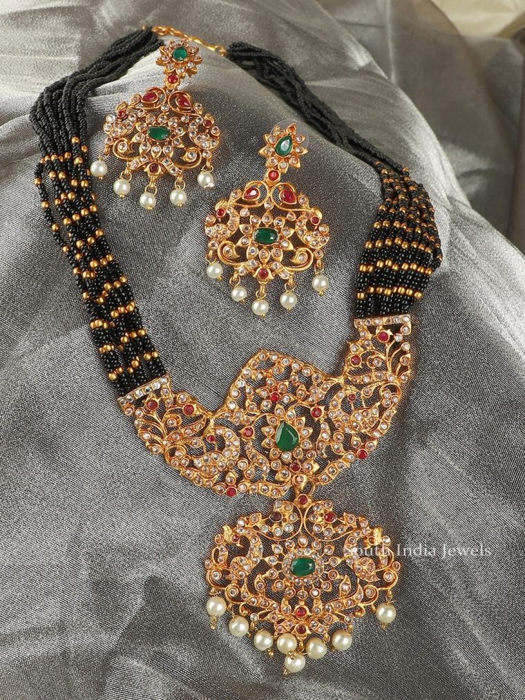 Black Beads AD Long Necklace Set