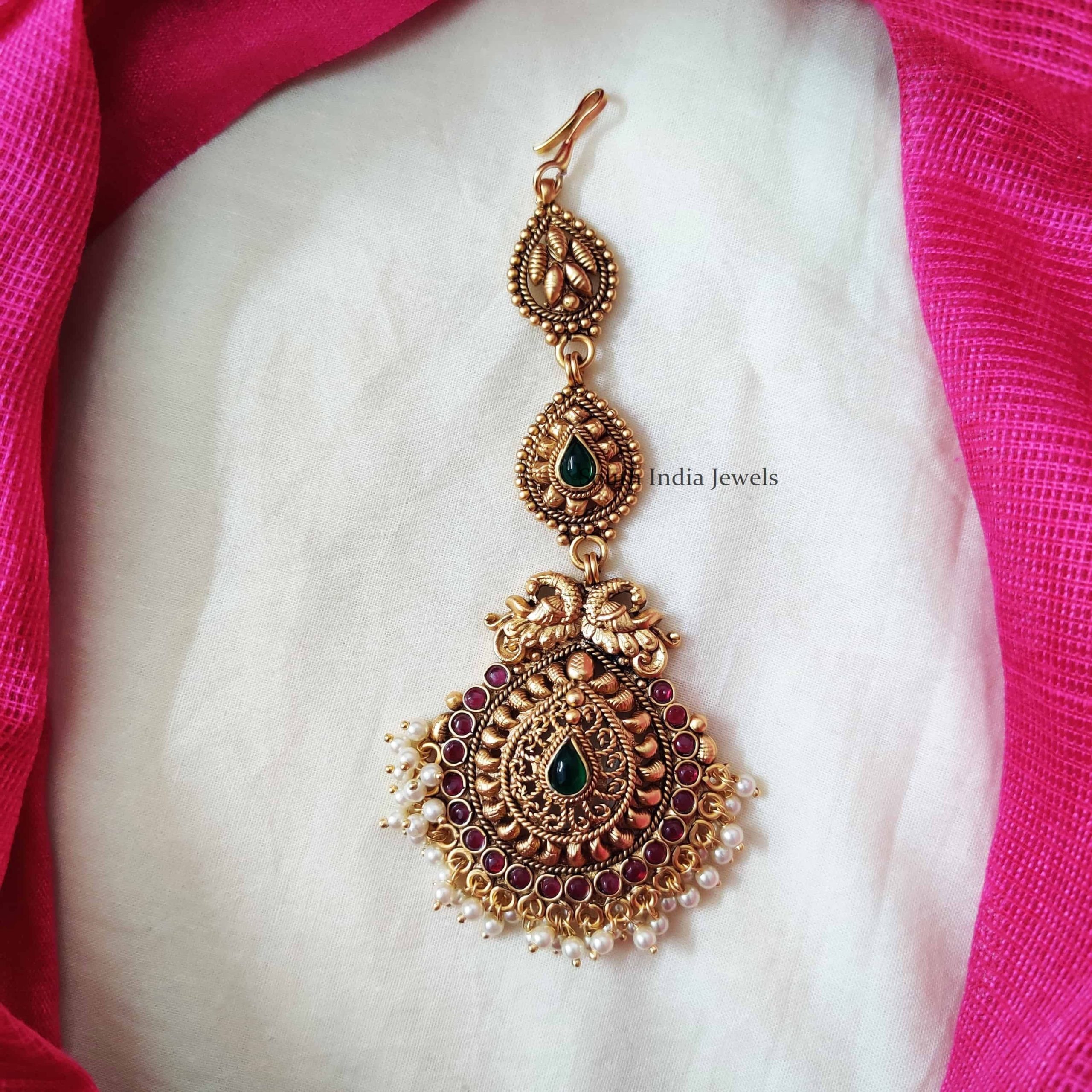 Simple Artificial Jewellery-Peacock Maang Tikka- Pearls Golden Beads