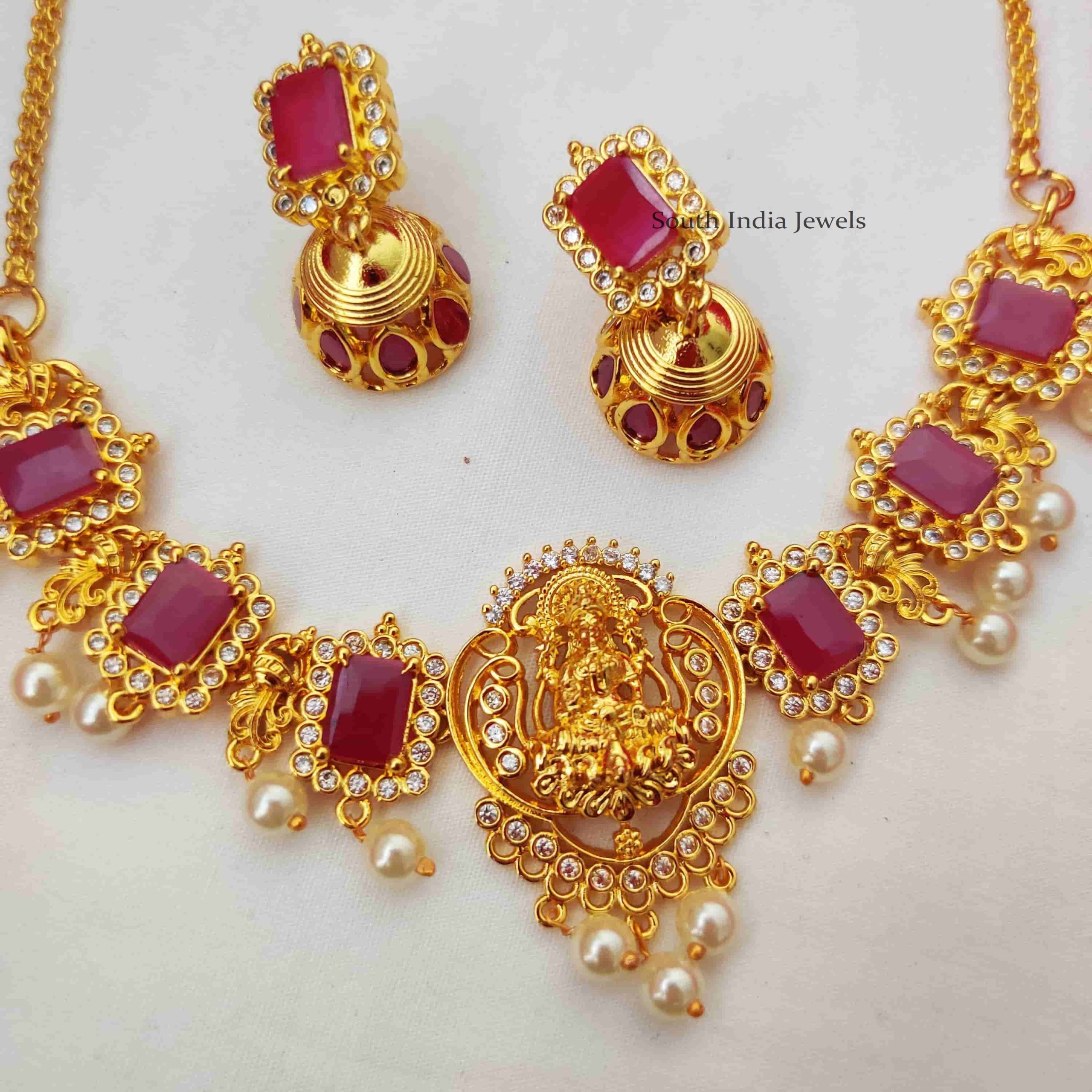 Premium Imitation Jewellery - Classic Lakshmi Pink Stone Necklace