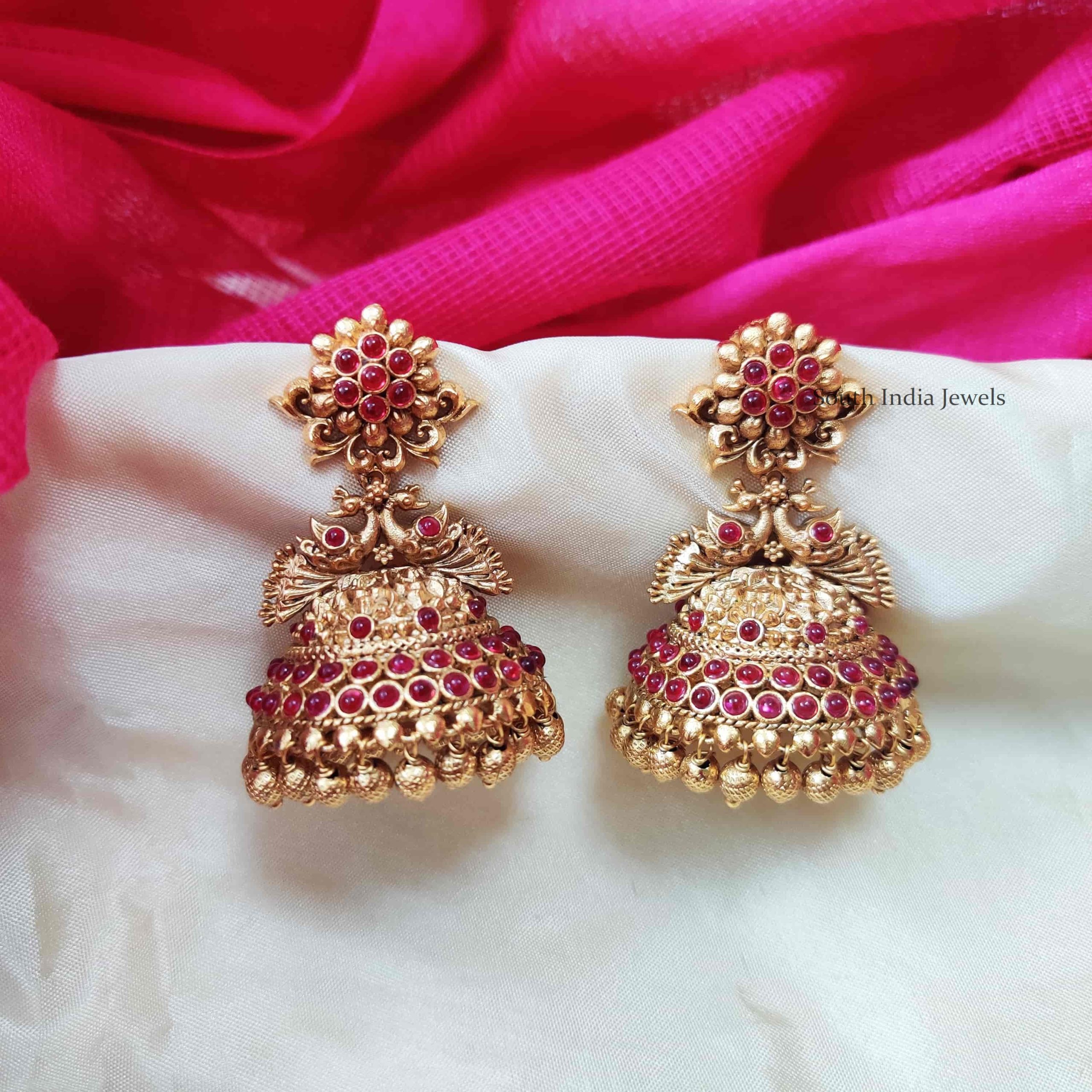 Dual Peacock Kemp Jhumkas - South India Jewels
