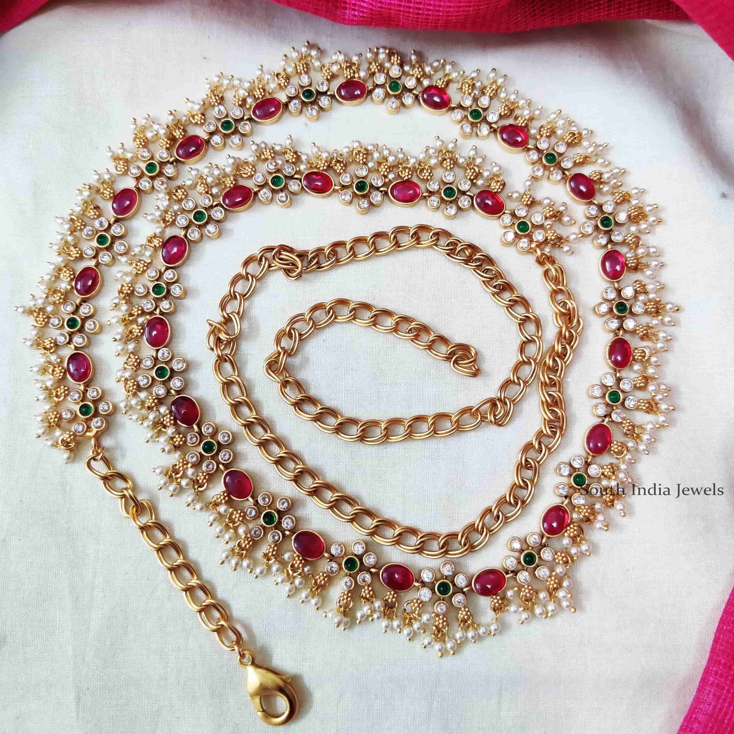 Floral Design Pearl Beads Pink Stone Hip Chain