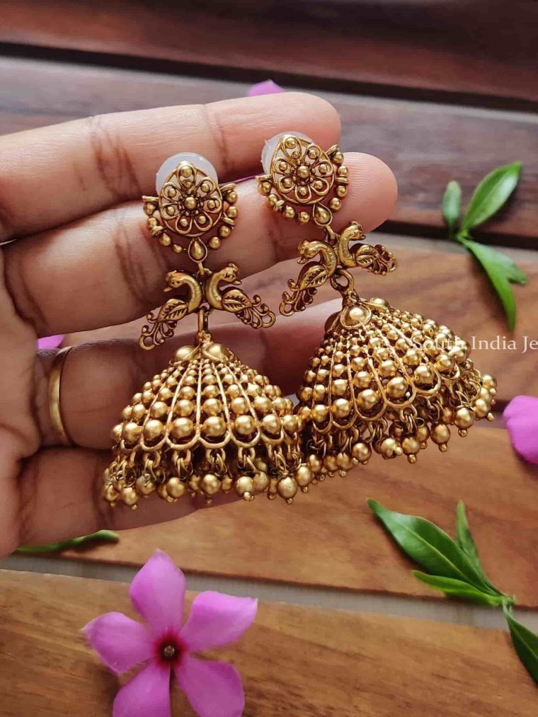 Gold Beads Peacock Jhumkas
