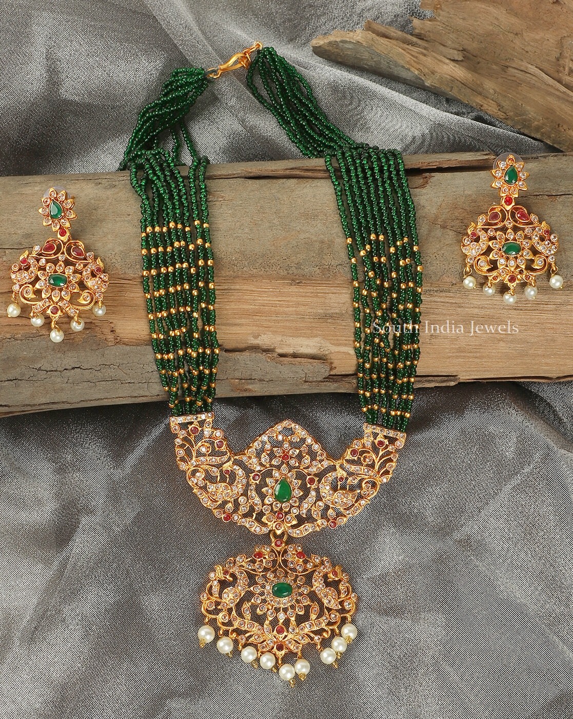 Green Beads AD Long Necklace Set