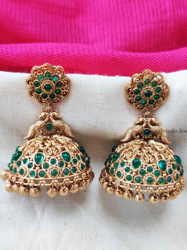 Green Color Floral Peacock Jhumkas