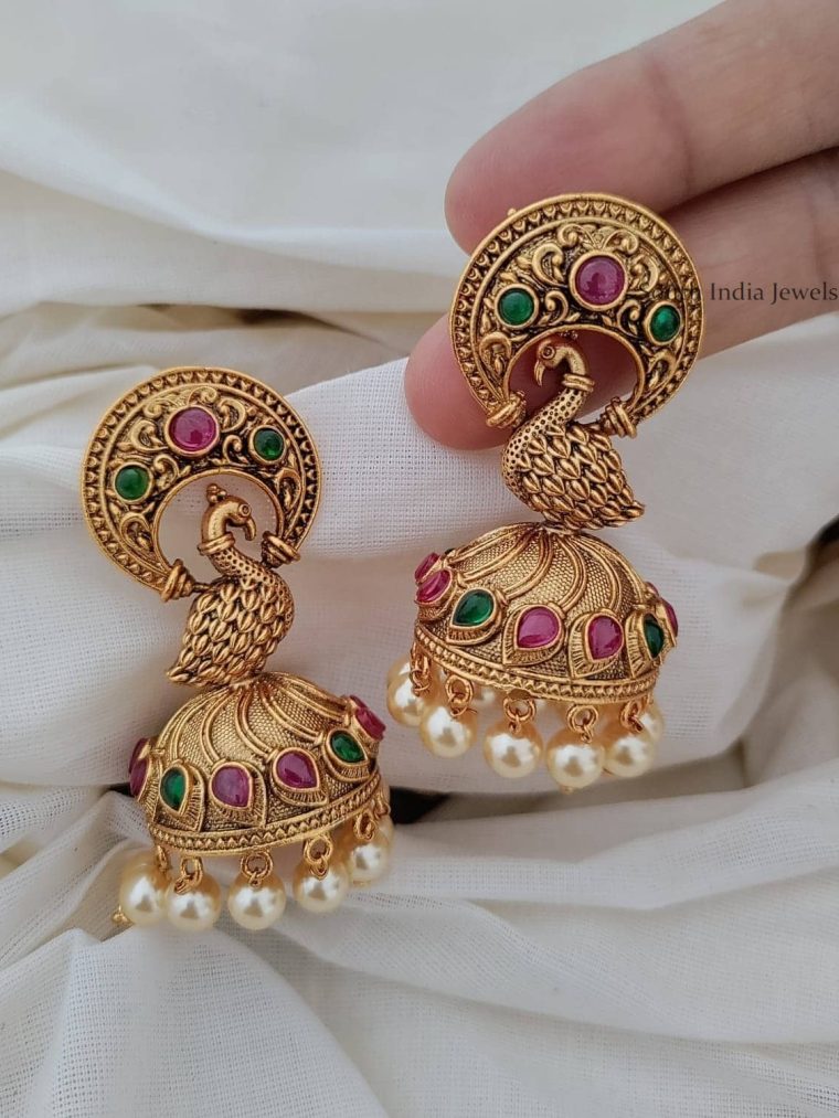 Kemp Green Peacock Design Jhumkas