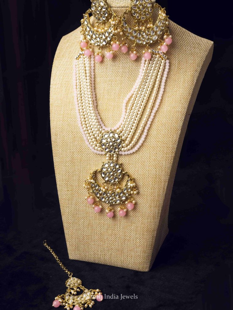 Layered Pink Bead Droplet Moon Necklace